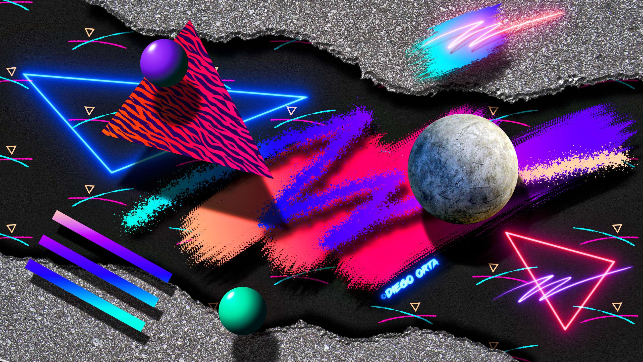 A collage of neon shapes and a moon on a black glitter background - 80s