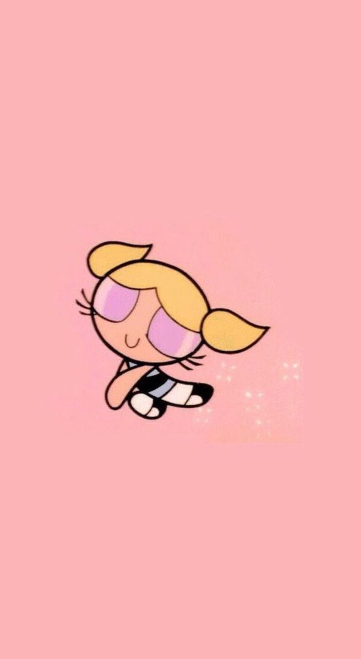 It's a cute photo of Bubbles from PowerPuff Girls in an aesthetic pink bg