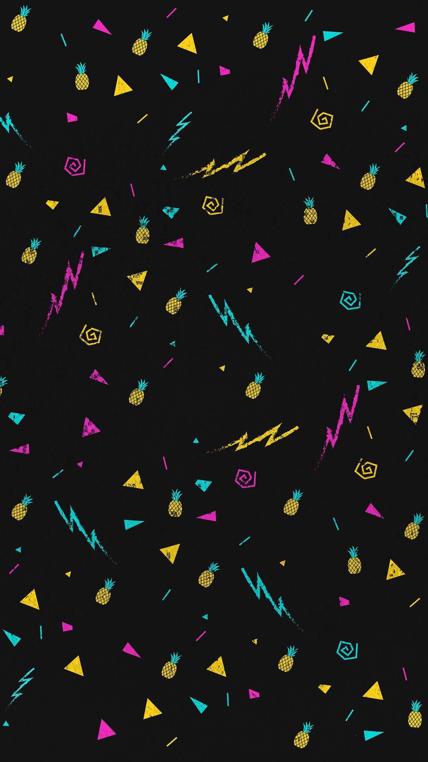 A pattern of colorful shapes on black background - 80s