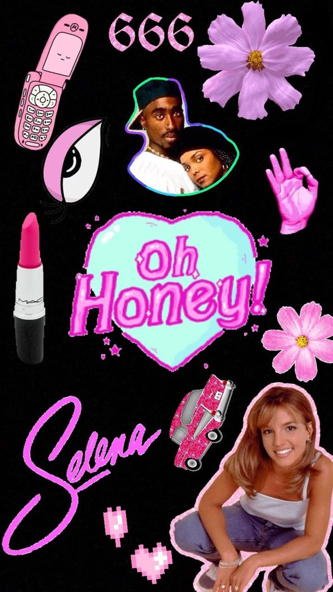 Aesthetic wallpaper for iPhone with elements of pink, purple, and black. The image features a young woman, a heart, and the words 'oh honey'. - 90s