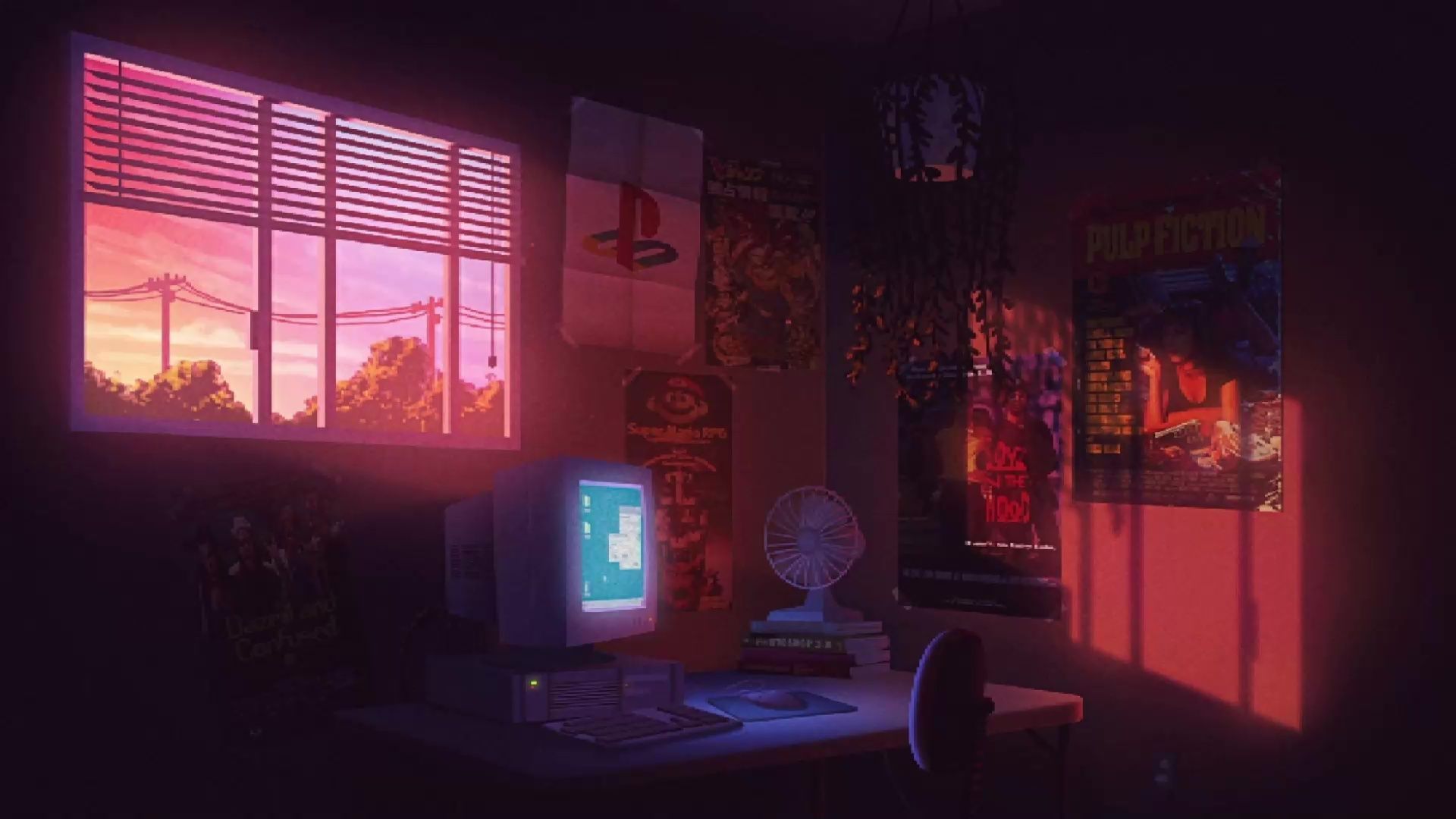 A dark room with a computer and posters on the wall - 90s, Windows 10, technology