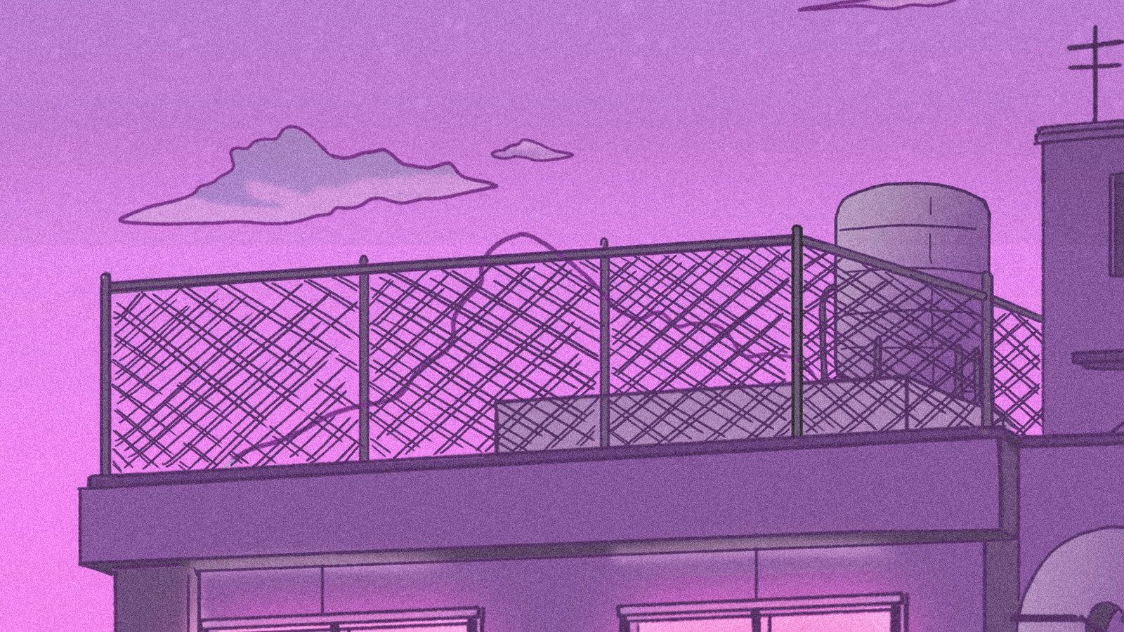 A purple illustration of a building with a fence on the roof - 90s, 90s anime