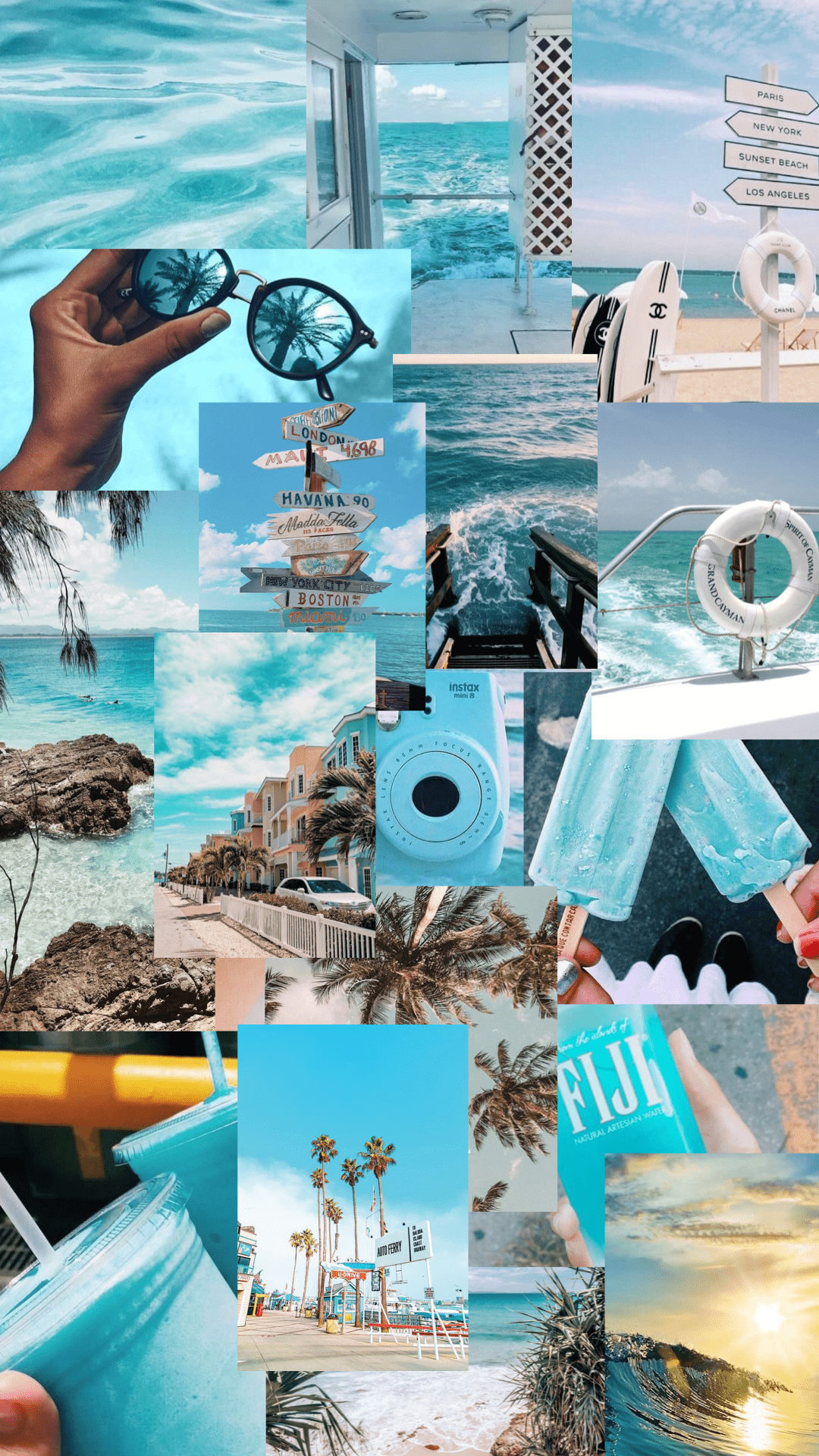 A collage of pictures showing the beach - Photography, summer, teal, Chanel, Los Angeles