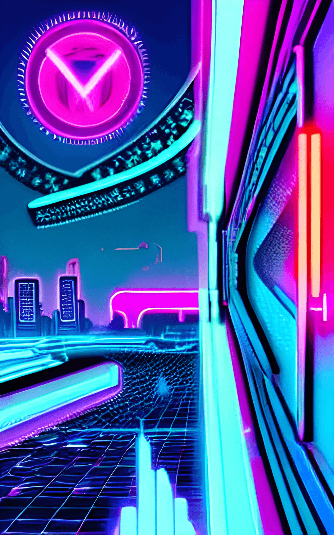 A neon city with buildings and cars in the background - 80s, retro, technology
