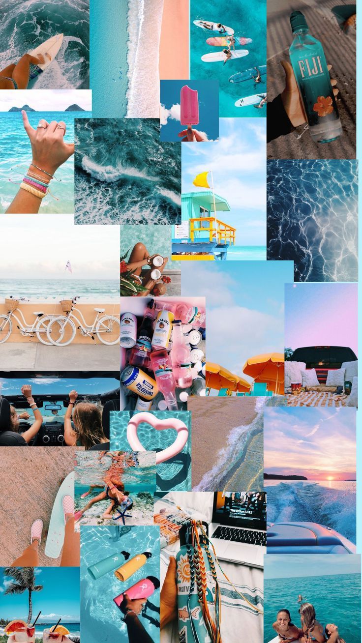 A collage of photos of the beach, bikes, and other summer items. - Summer