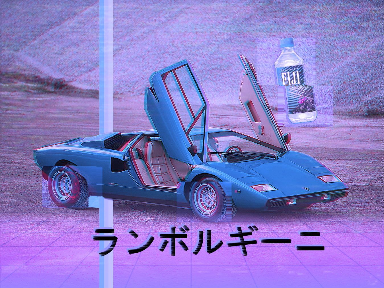 A Lamborghini Countach with the doors open and a Fiji bottle in the background - 80s