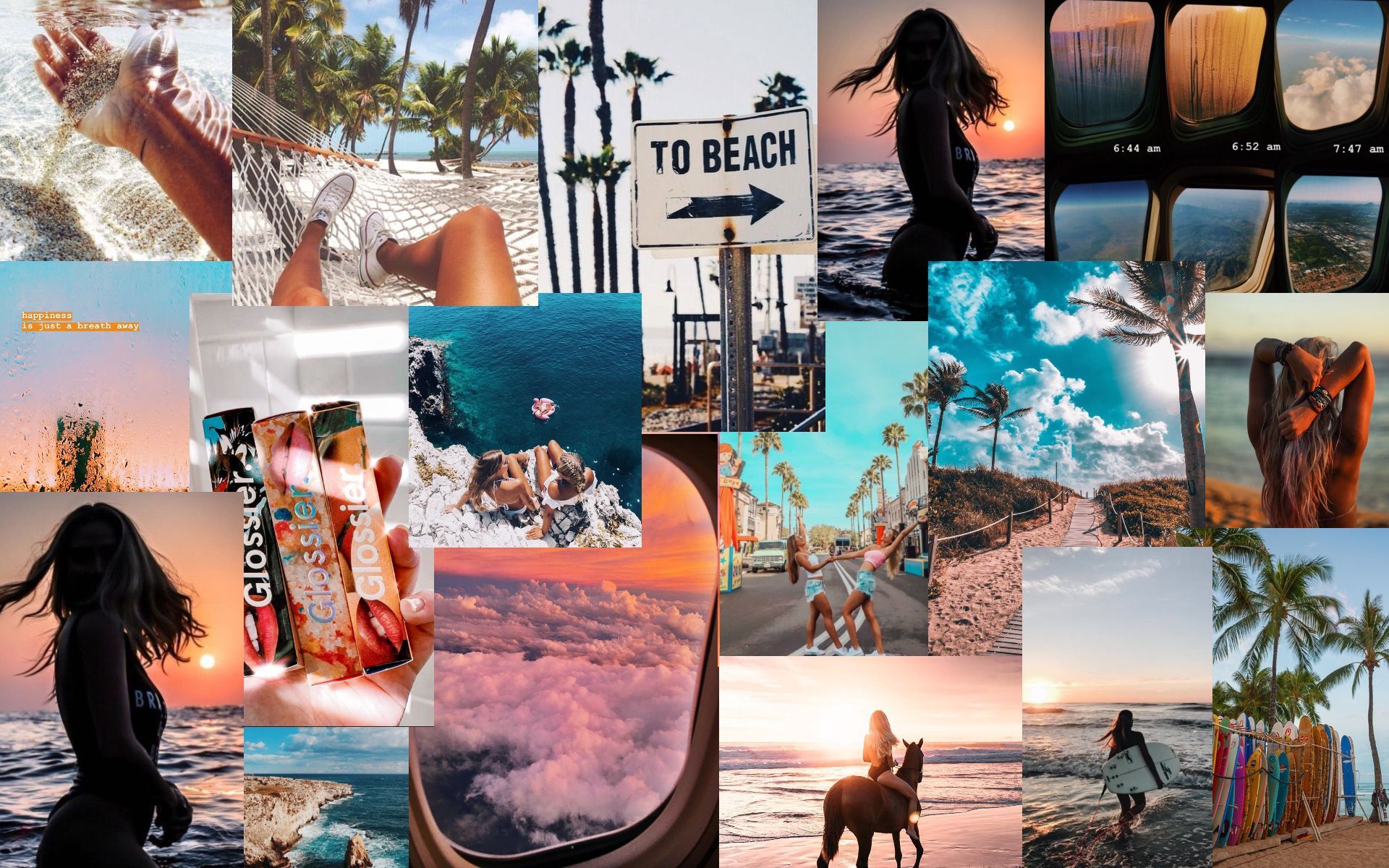 A collage of photos of the beach, palm trees, sunset, and surfboards. - Summer, collage