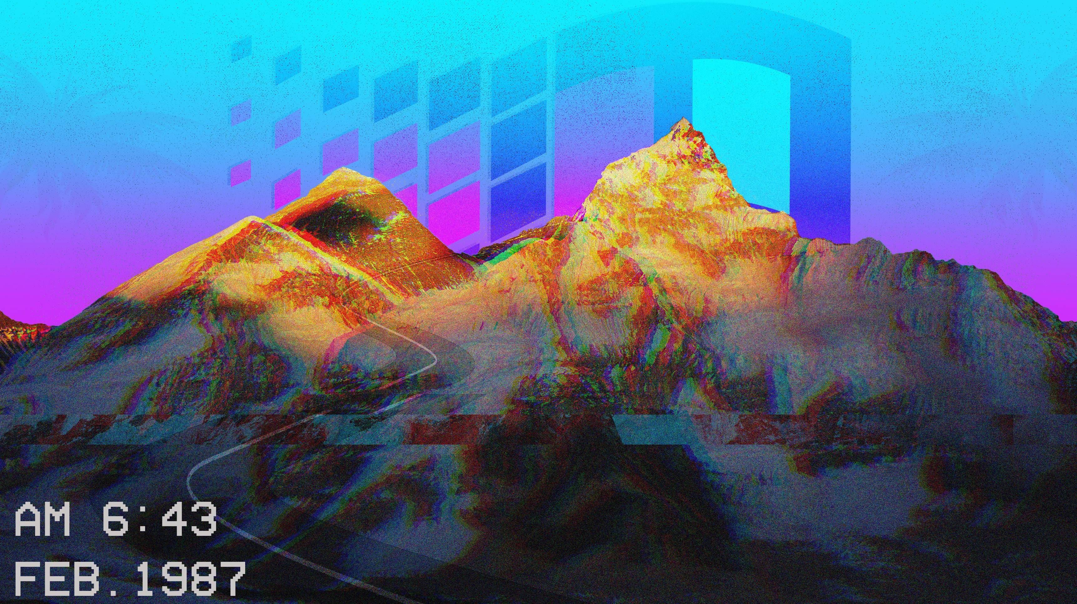 A colorful image of a mountain with the time 6:43 and the date February 1987 - 90s