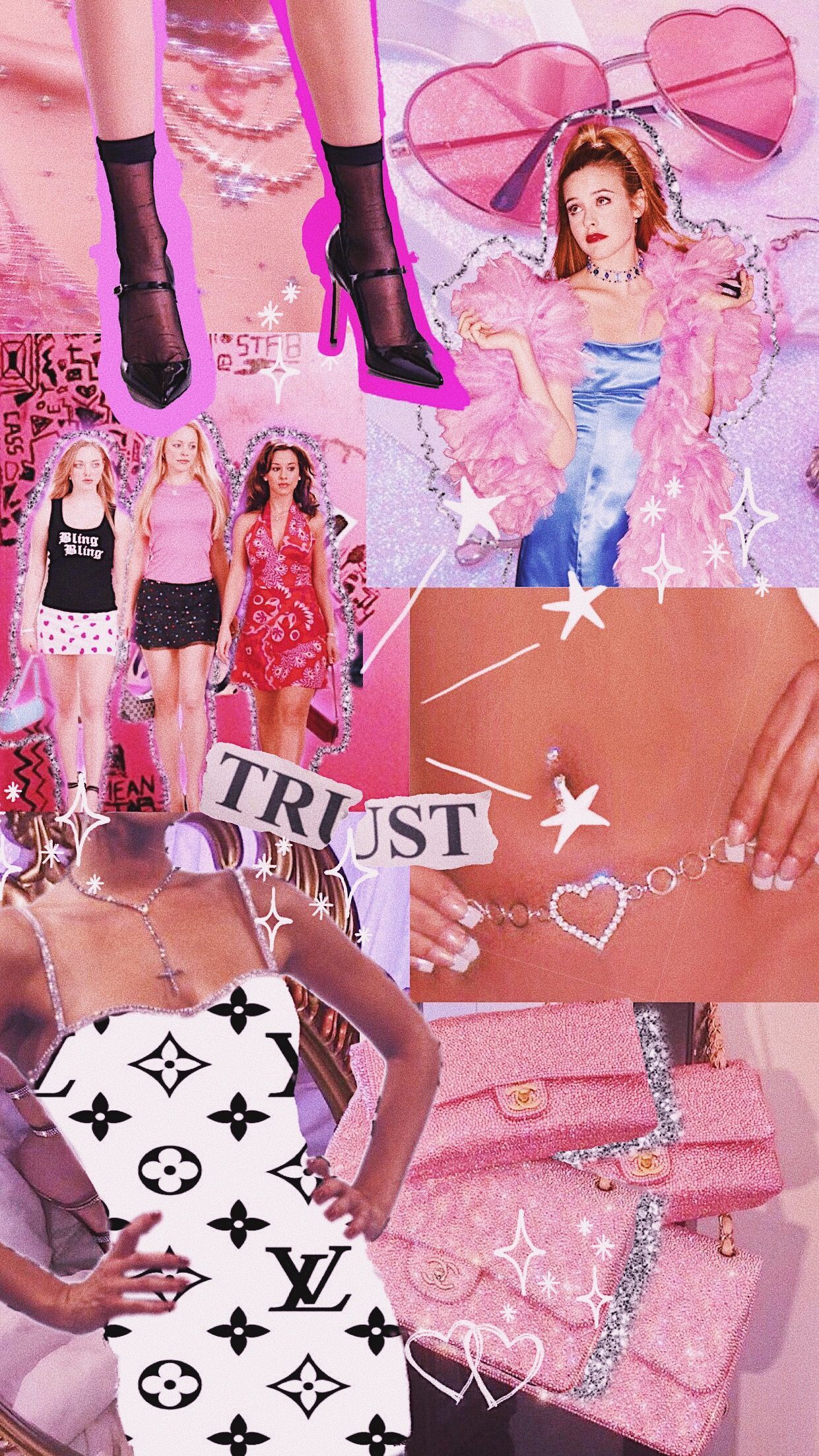 A collage of pink and white fashion items, inspired by the movie Clueless. - 2000s