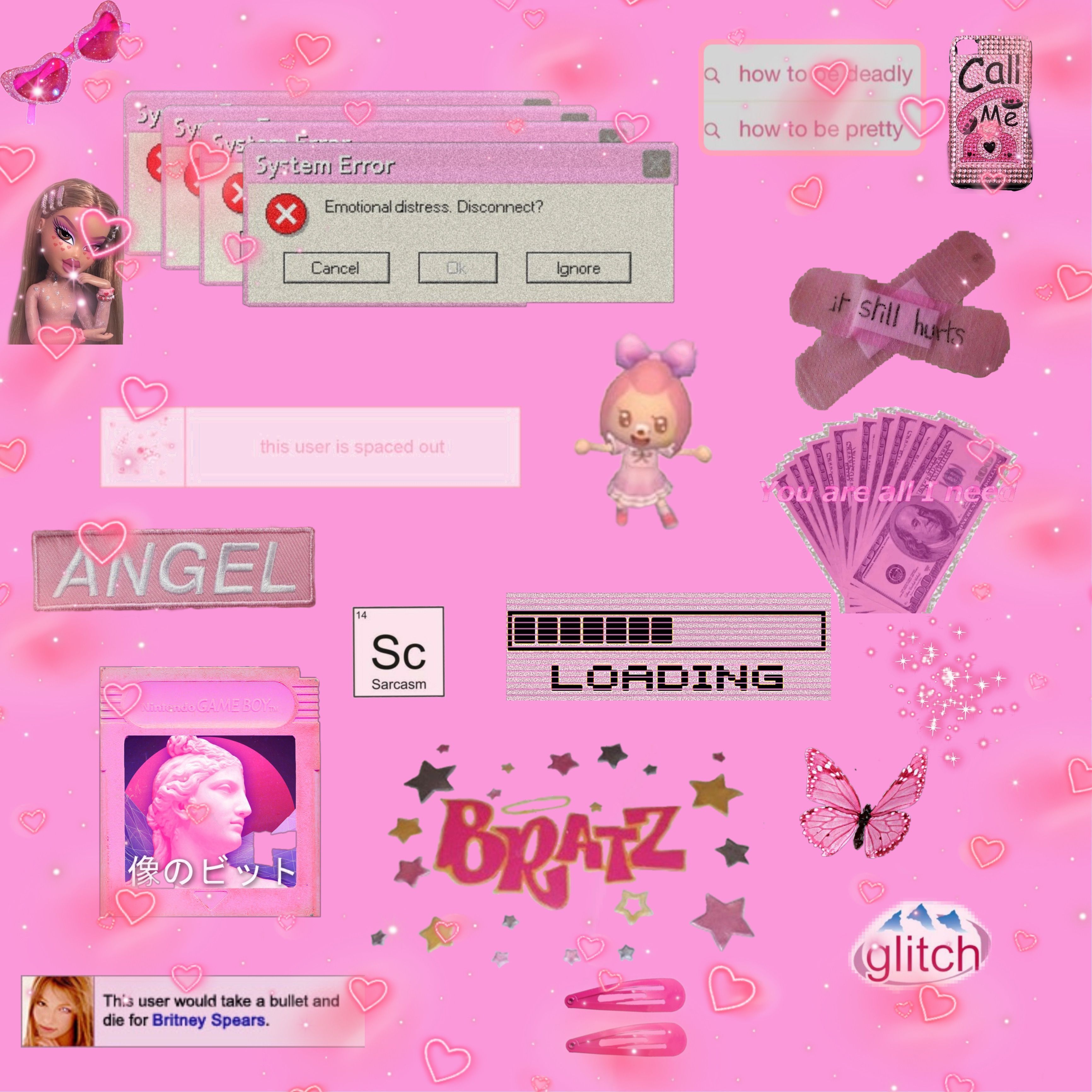 Pink background with stickers, hearts, butterflies, and a loading bar. - 2000s, Bratz