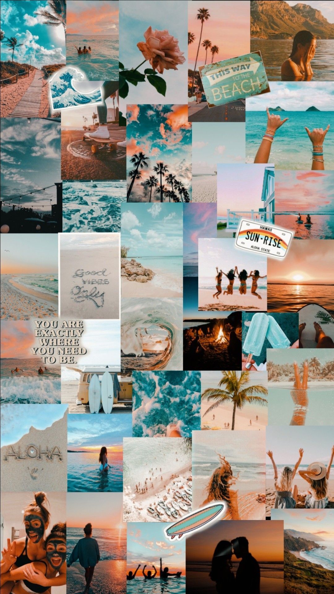 Aesthetic phone background collage of beach photos and quotes - Summer