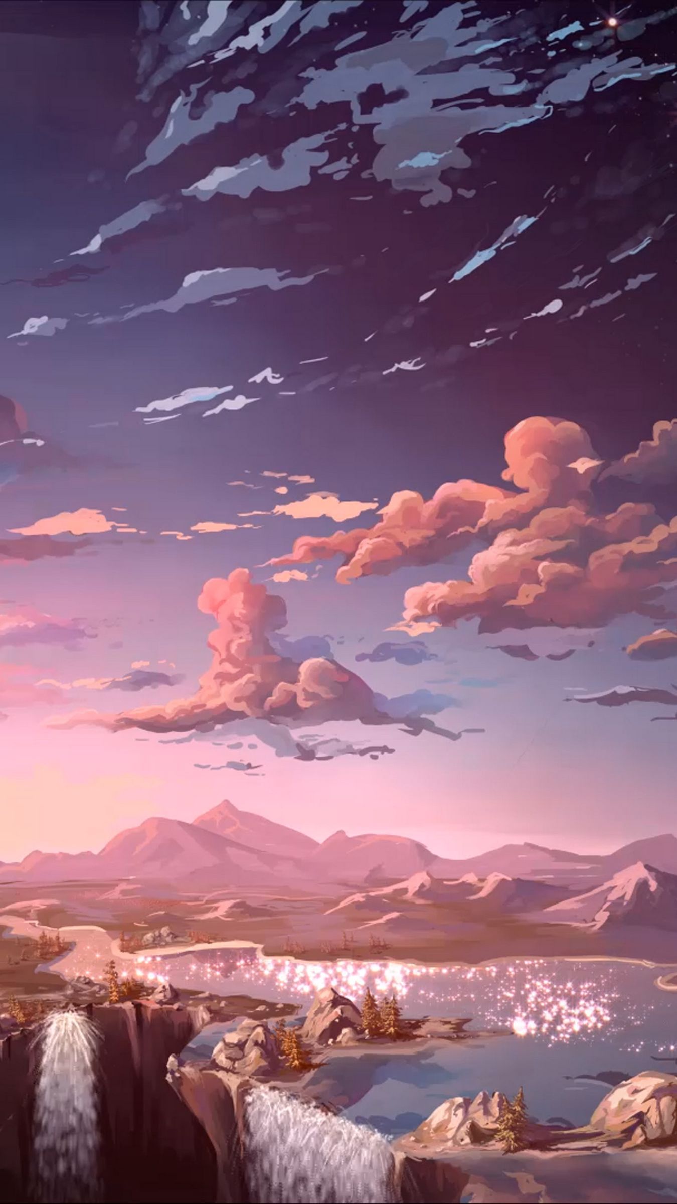 Anime scenery phone wallpaper with a sunset over a cliff - 2000s