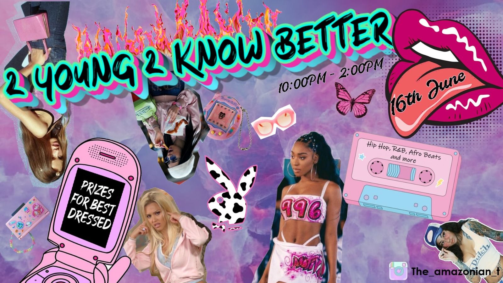 A collage of images including two women, a butterfly, a cassette tape, and a fire with the words 