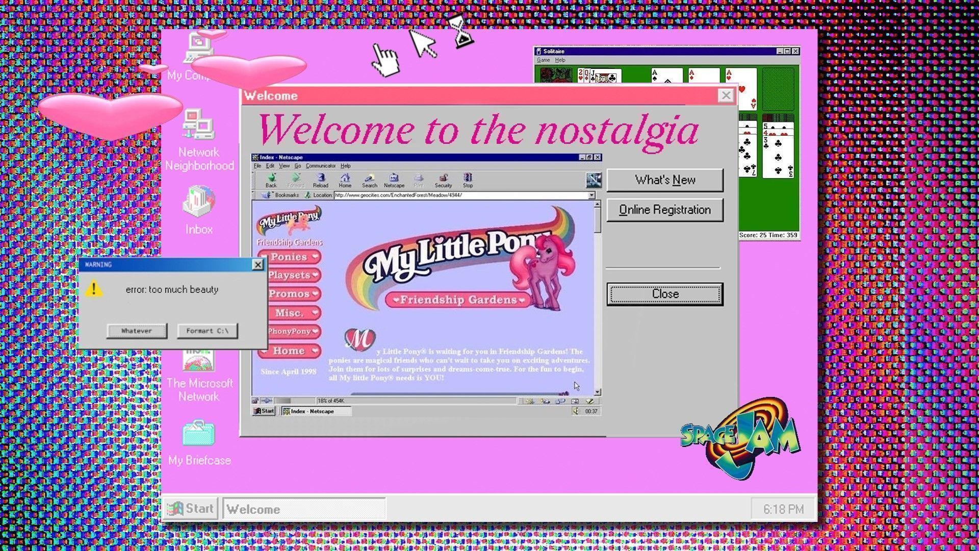 A desktop screen with a pink background and a My Little Pony logo. - 2000s, webcore, Windows 95, Internetcore