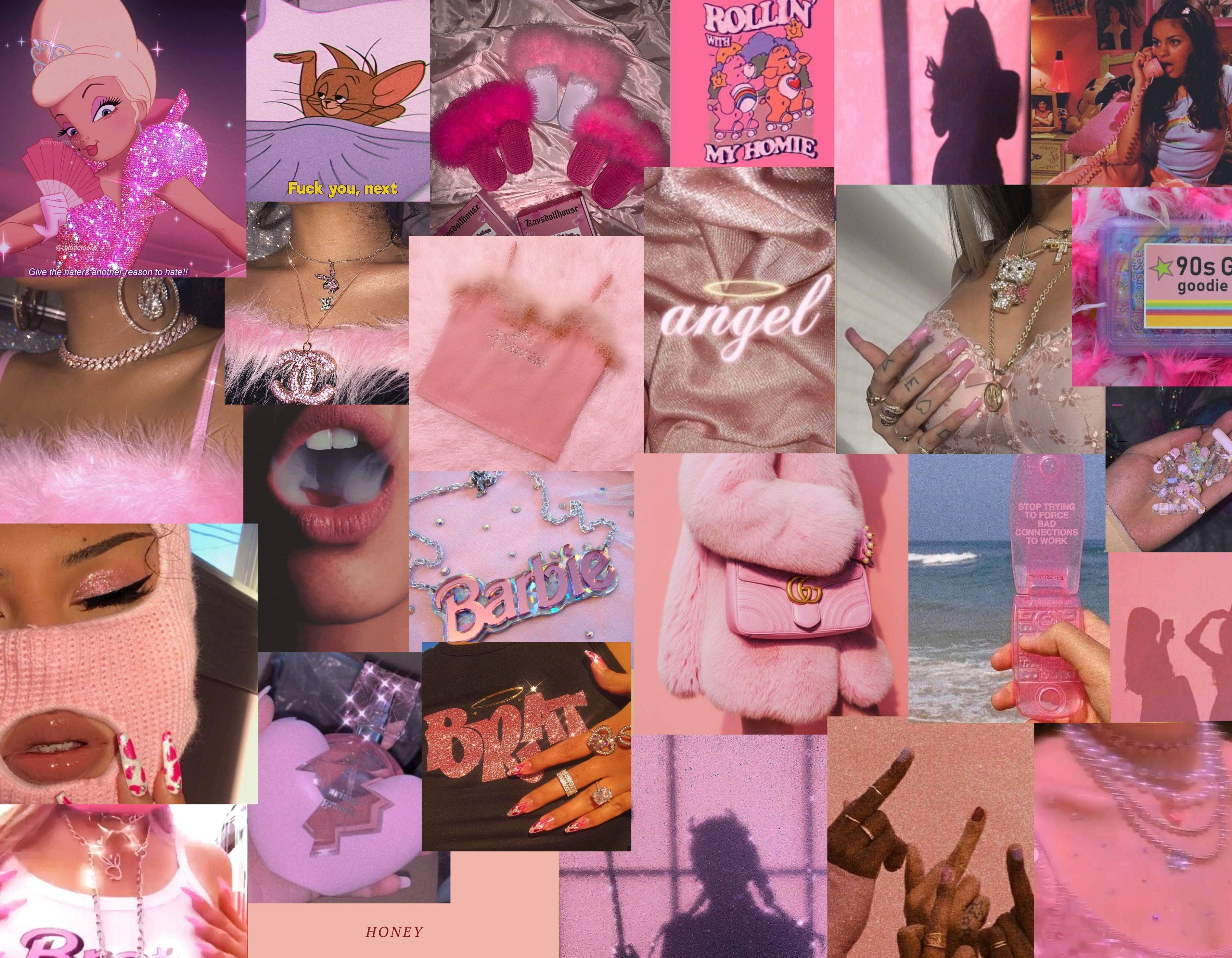 A collage of pictures with pink backgrounds - 2000s, baddie, Bratz, nails