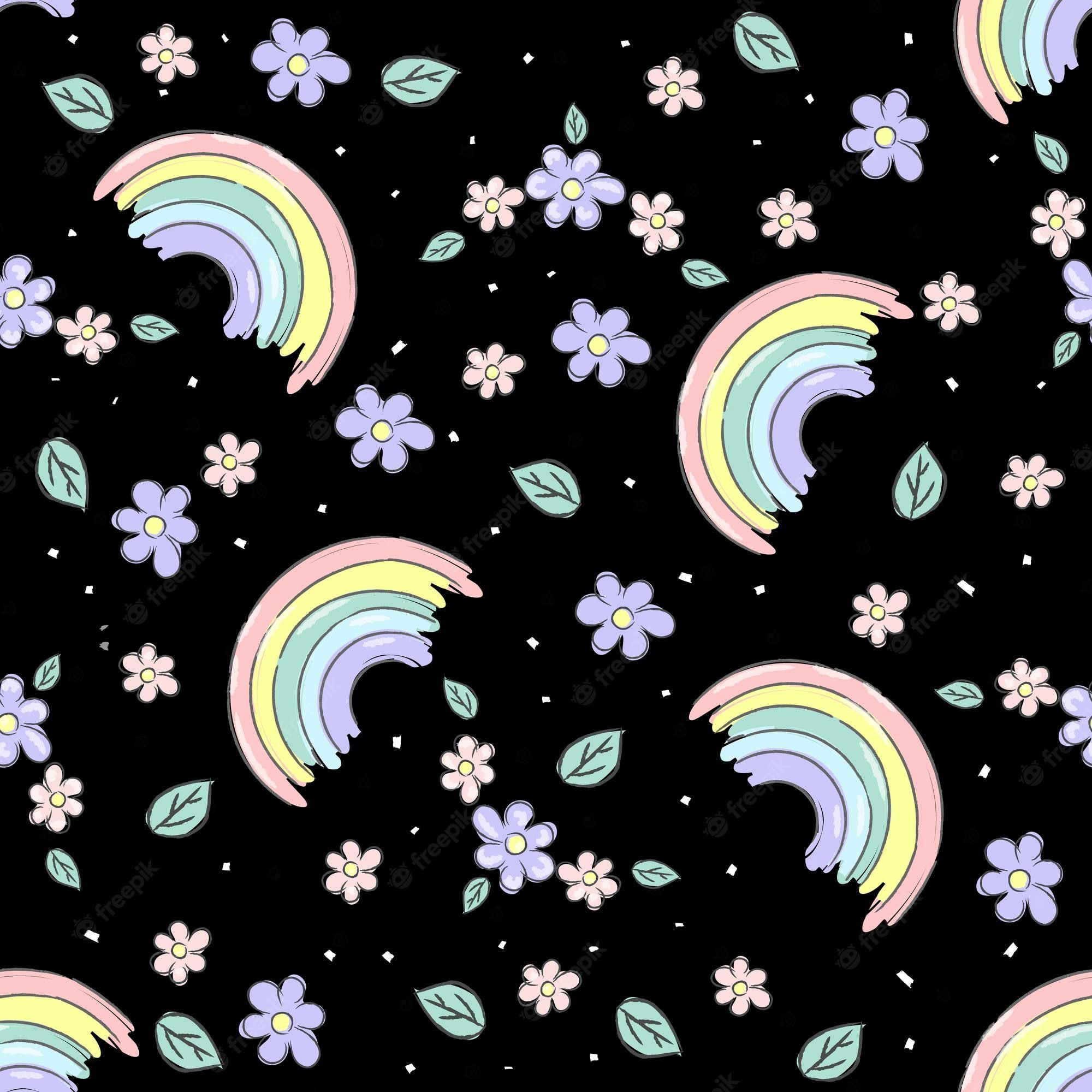 Premium Vector. Vector seamless pattern with cute rainbows and spring flowers on black background for kids baby texture for fabric textile wallpaper apparel wrapping