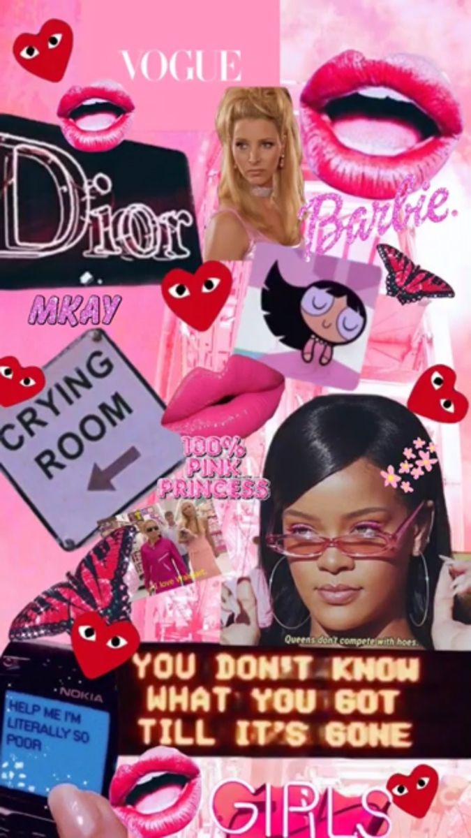 A collage of Paris Hilton, Nicki Minaj, and other celebrities and logos on a pink background. - 2000s