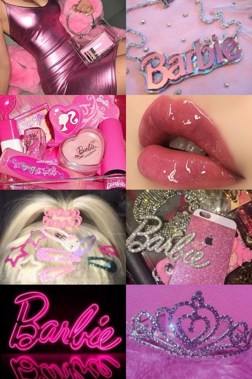 A collage of pink and glittery images including a barbie doll, lips, phone case, and a tiara. - 2000s, Barbie