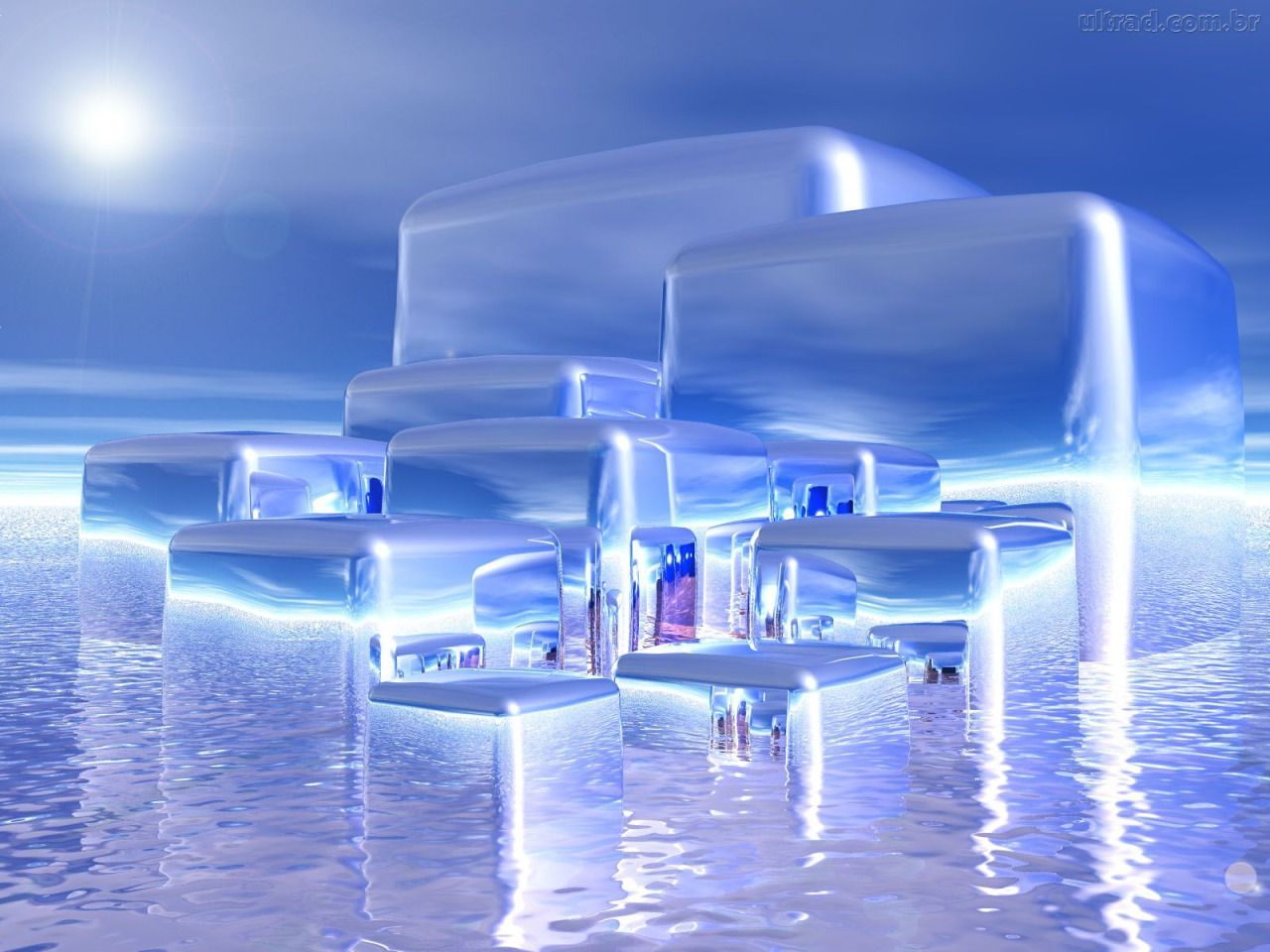 A group of blue ice blocks sitting on top of water. - 2000s, Y2K