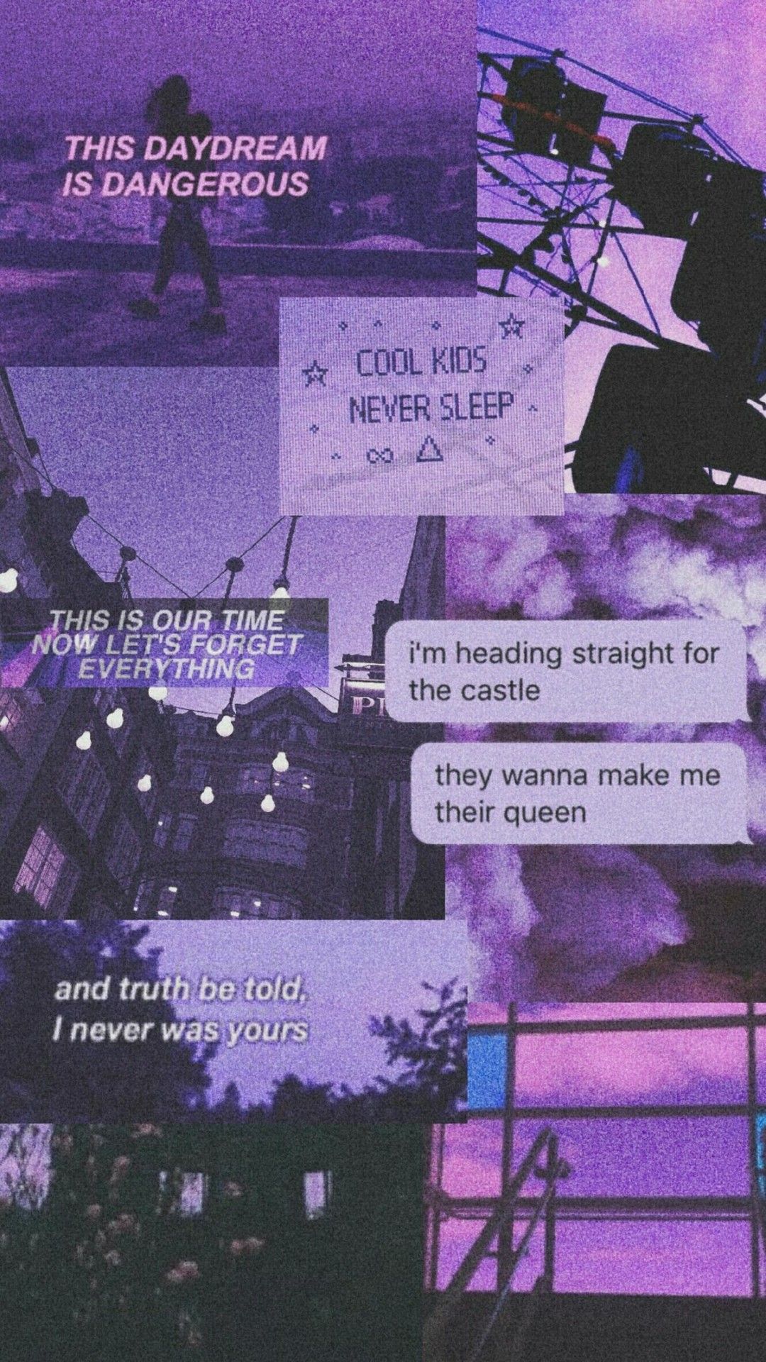 Collage of purple and black aesthetic images with text. - Purple, 3D