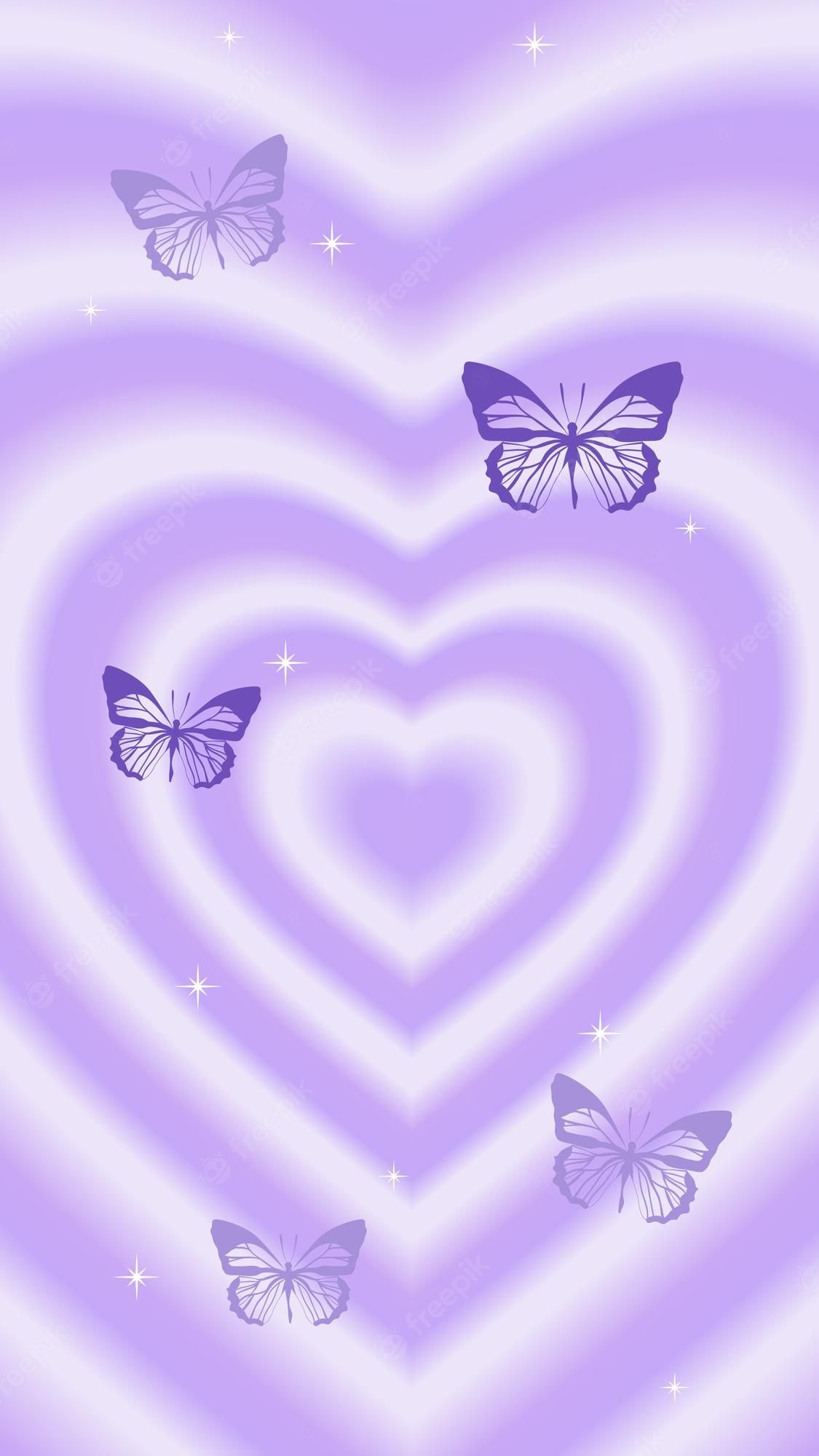 Purple heart background with butterflies and stars.<ref> Vertical greeting card template - 2000s, bling, Y2K, butterfly