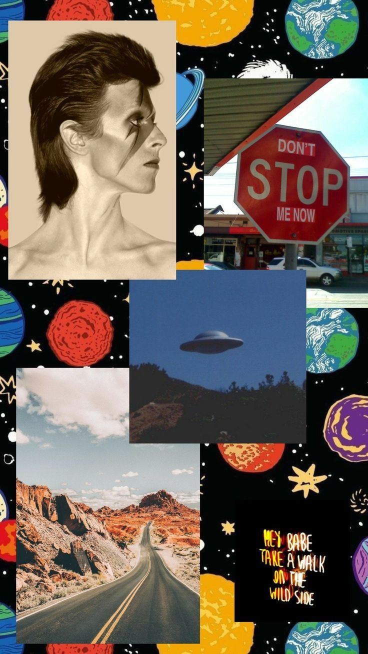 A collage of David Bowie, a stop sign, a road, a spaceship, a desert, and planets. - David Bowie