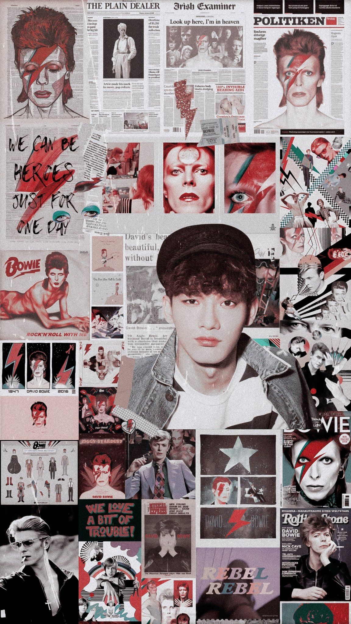 A collage of David Bowie and EXO's Kai, surrounded by various magazine cutouts. - David Bowie