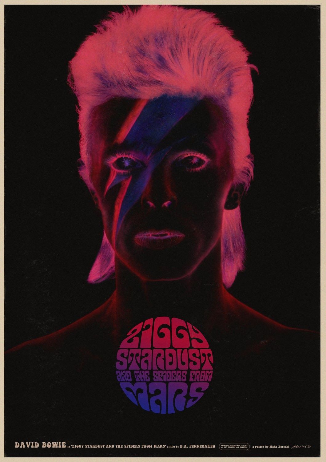 David Bowie poster in neon pink and blue with his name and album title in the middle - David Bowie