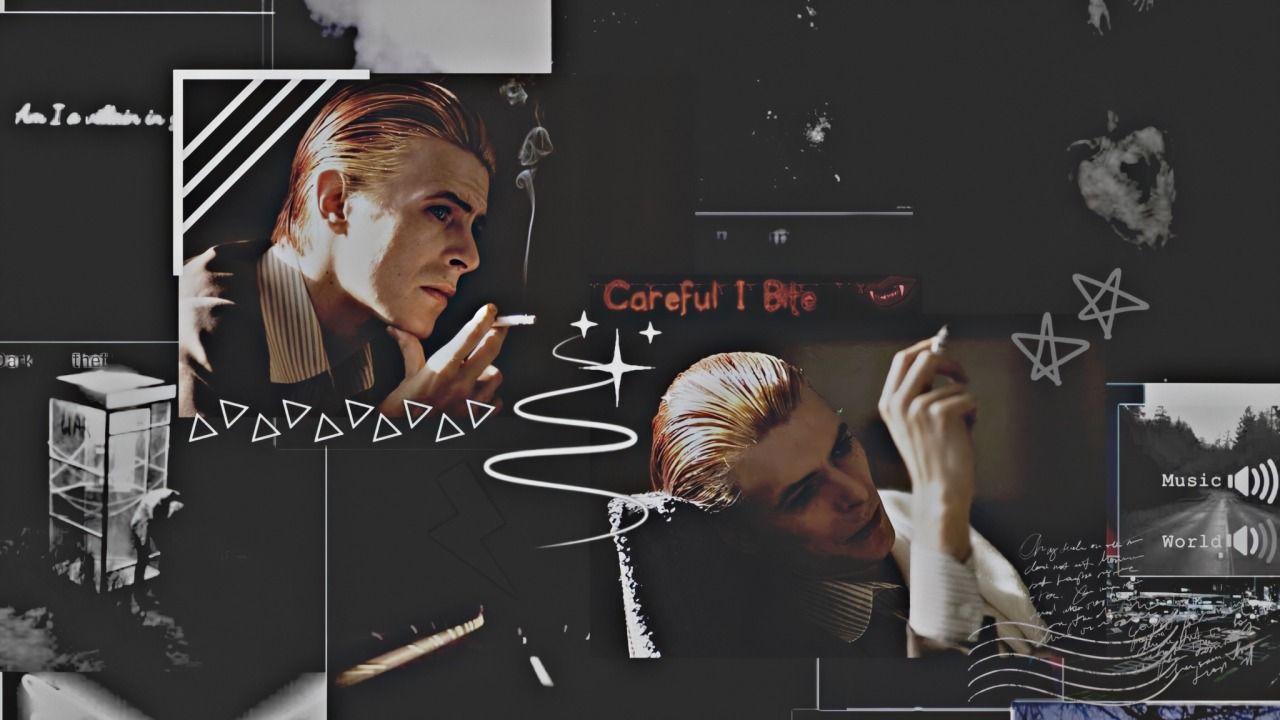 A collage of David Bowie images including a picture of him smoking a cigarette. - David Bowie