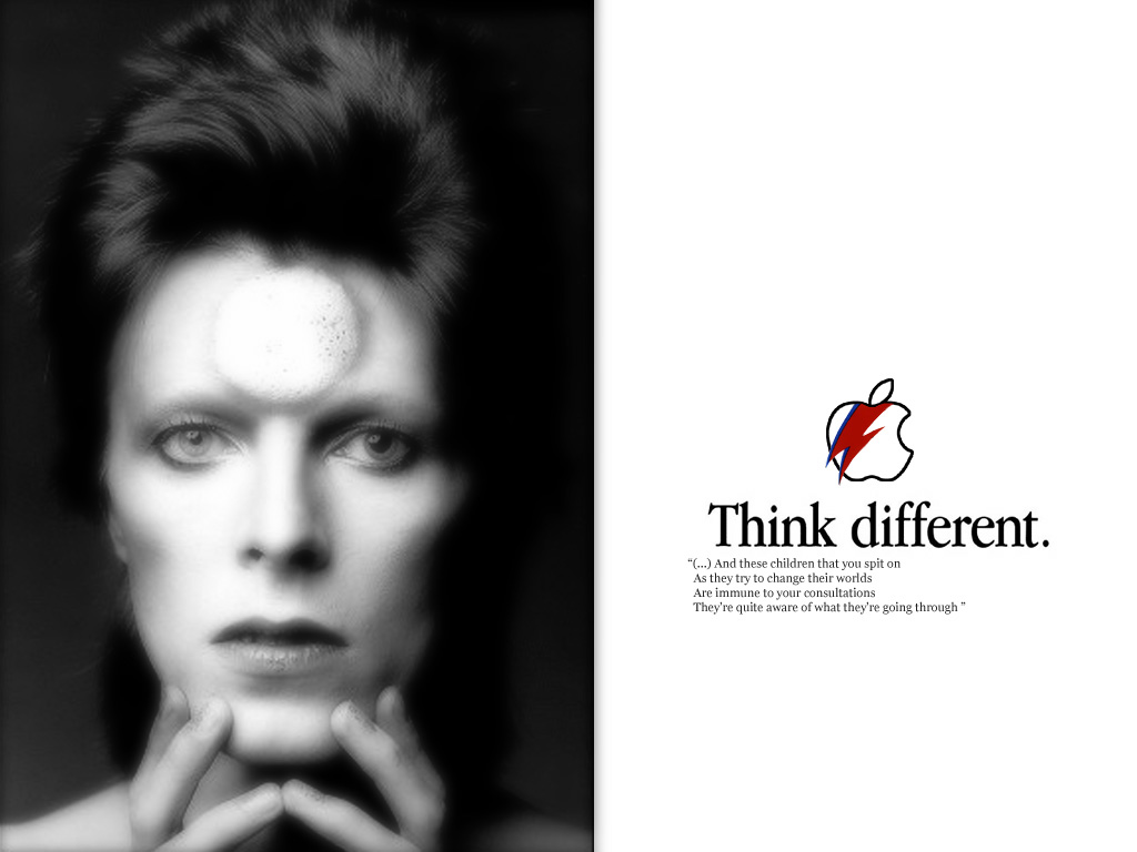 A black and white image of David Bowie with the text 