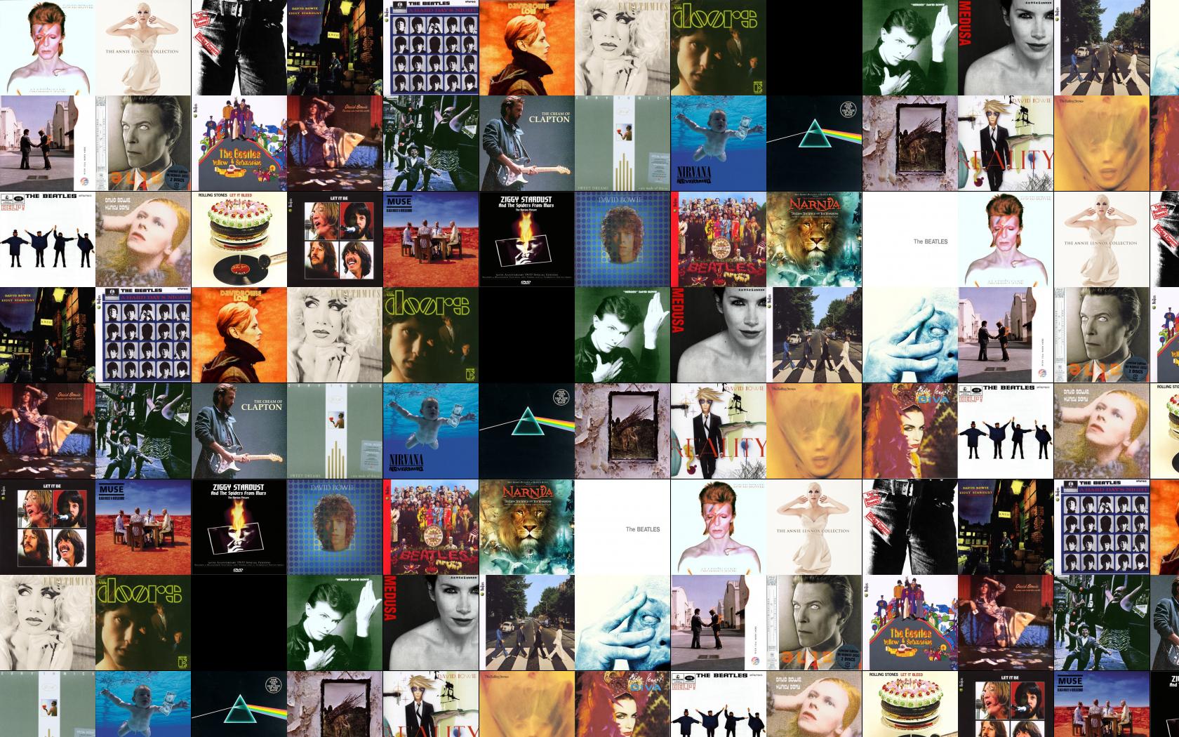 A collage of album covers of bands and artists such as The Beatles, Pink Floyd, and The Doors. - David Bowie