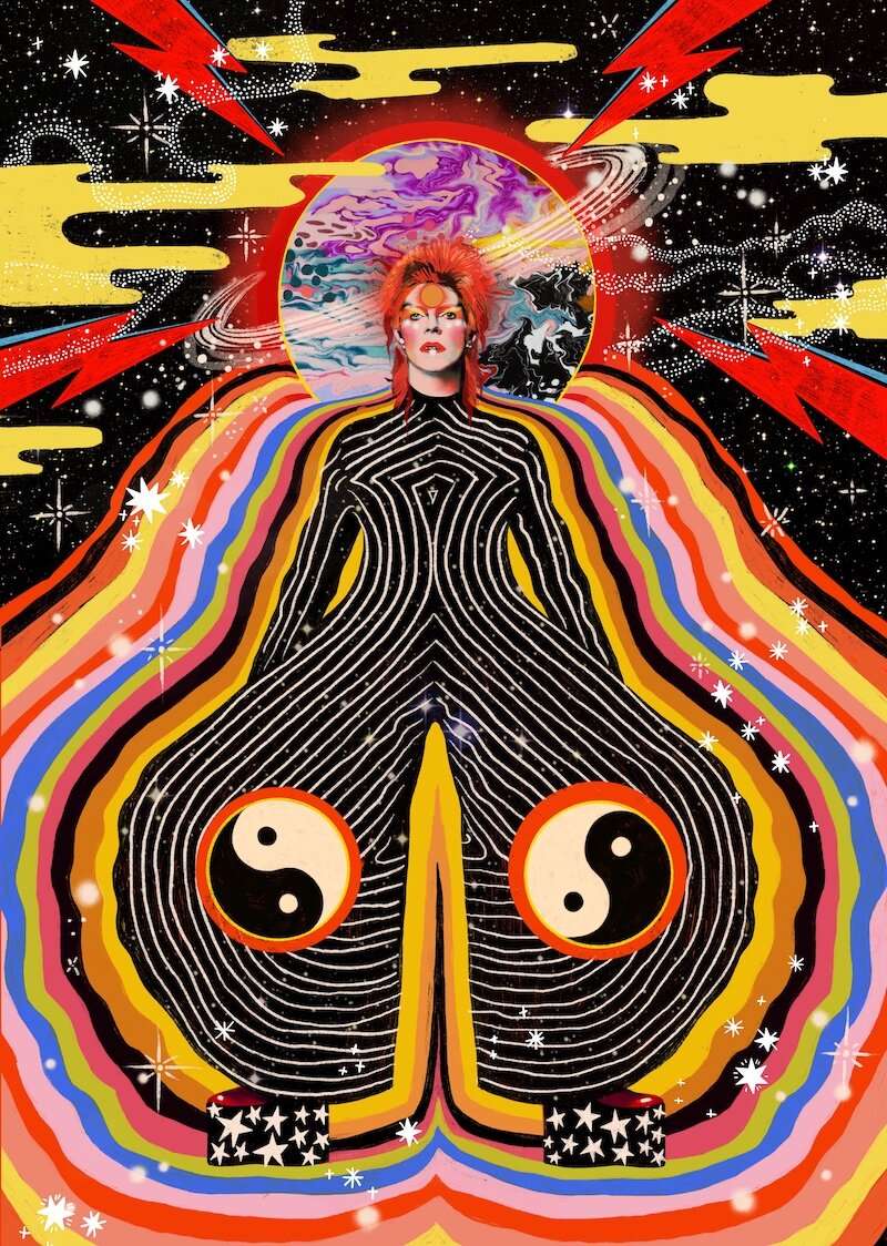 David Bowie as a space cadet, in a colorful space scene - David Bowie