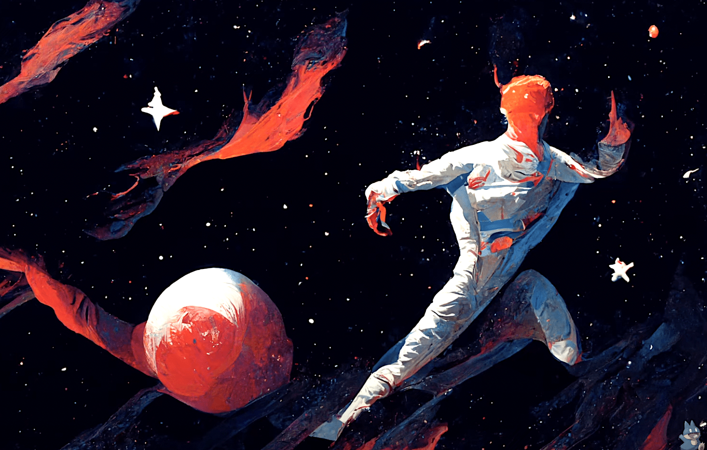 An astronaut runs across a red planet - David Bowie