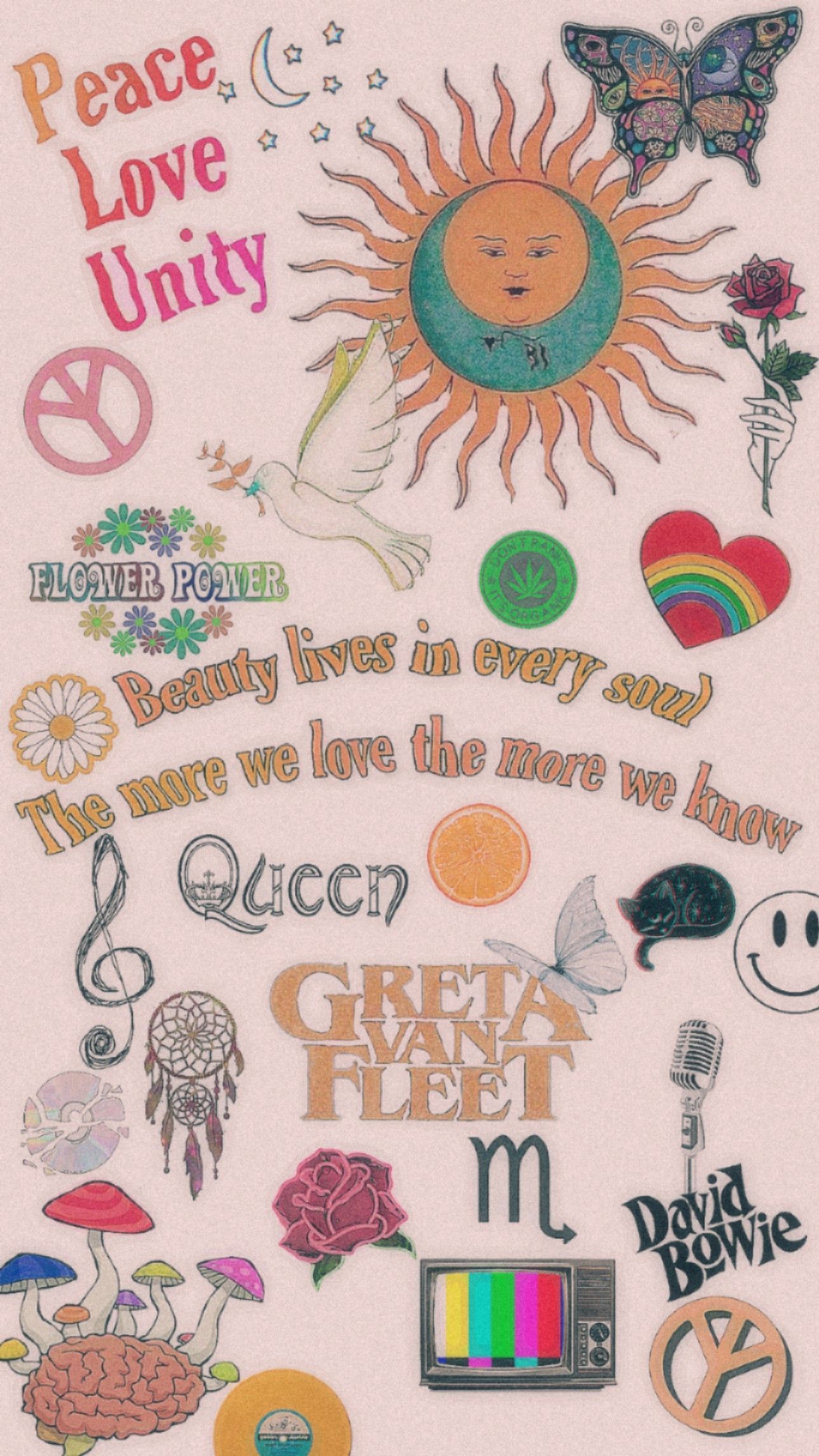 A sticker sheet with a sun, peace signs, flowers, and a butterfly. - David Bowie, peace