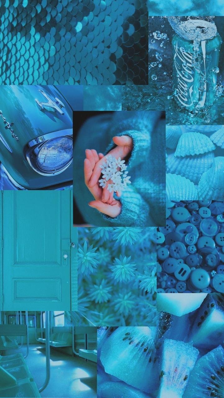 A collage of blue and white images - Teal