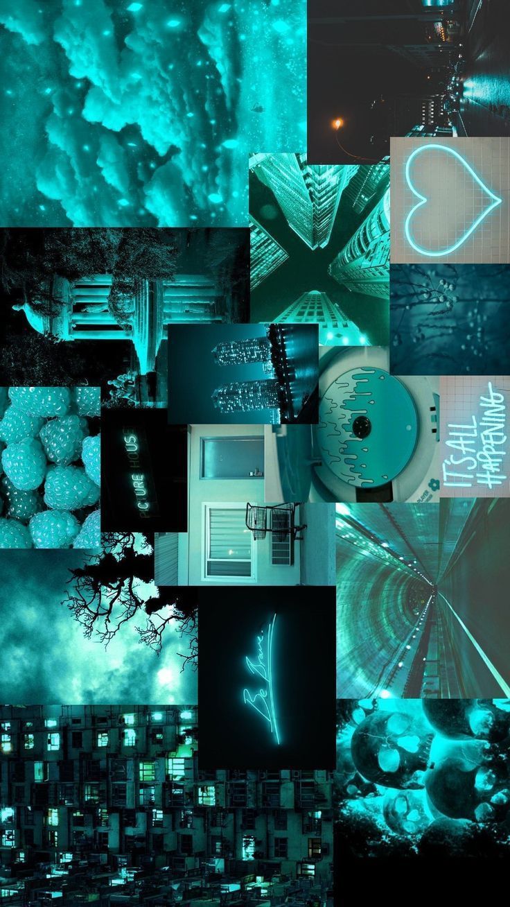 A collage of pictures with blue light - Teal, turquoise
