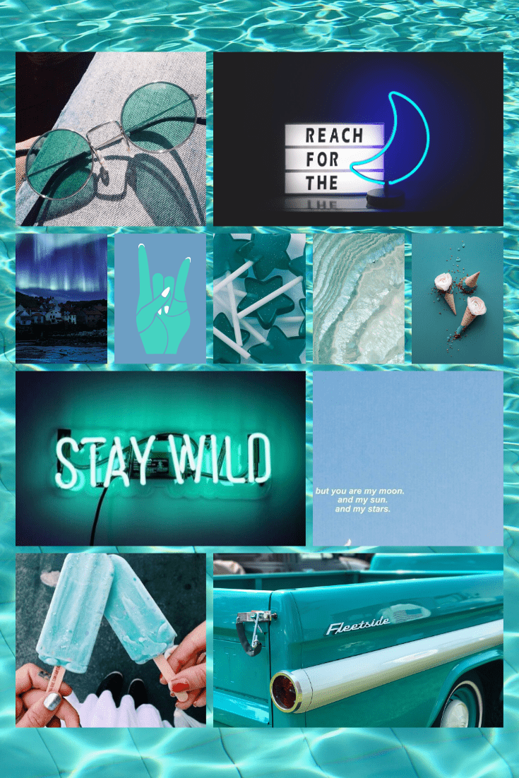 A collage of blue and green aesthetic images with a neon sign that says 