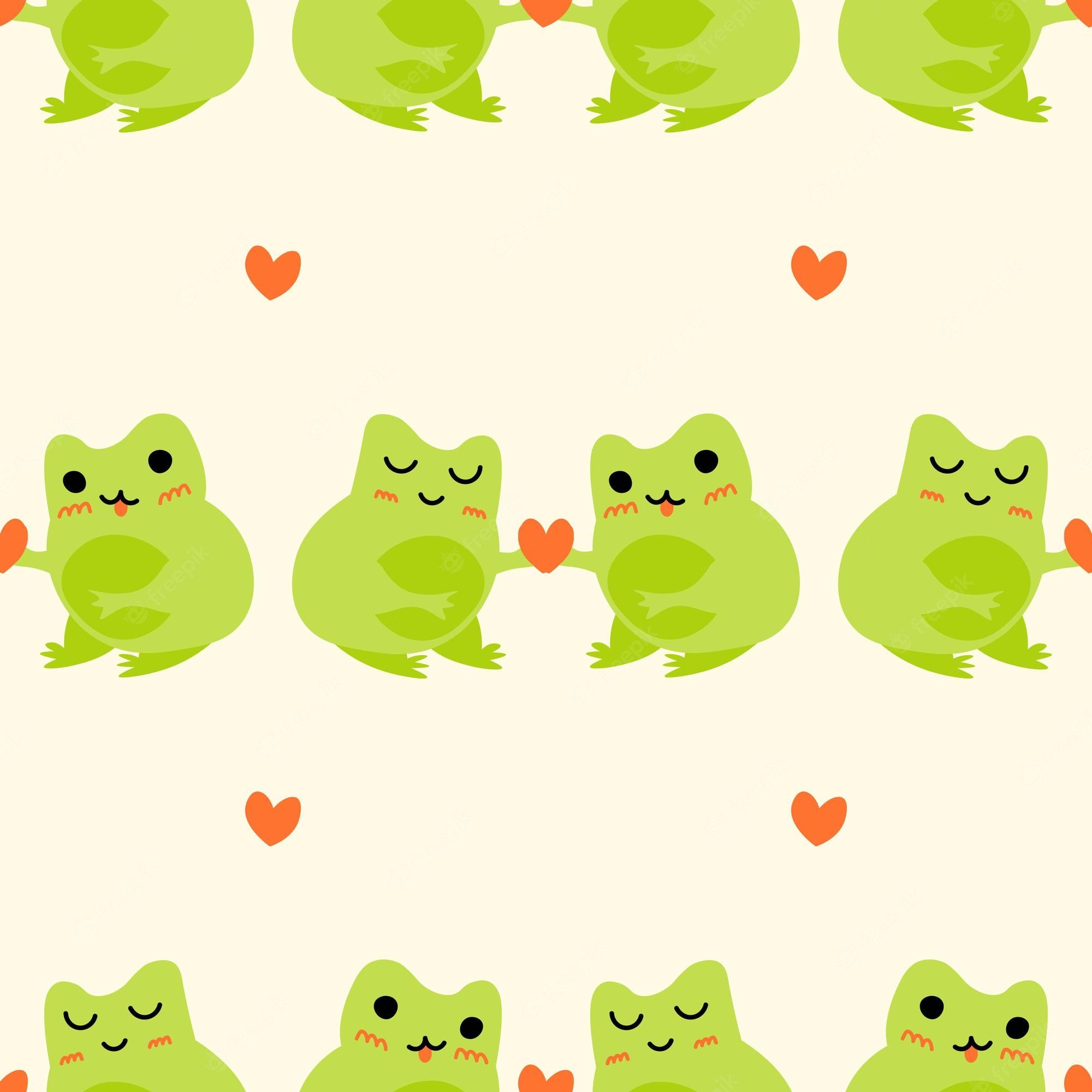 Premium Vector. Cute cartoon frogs enamored green toads vector animal characters seamless pattern