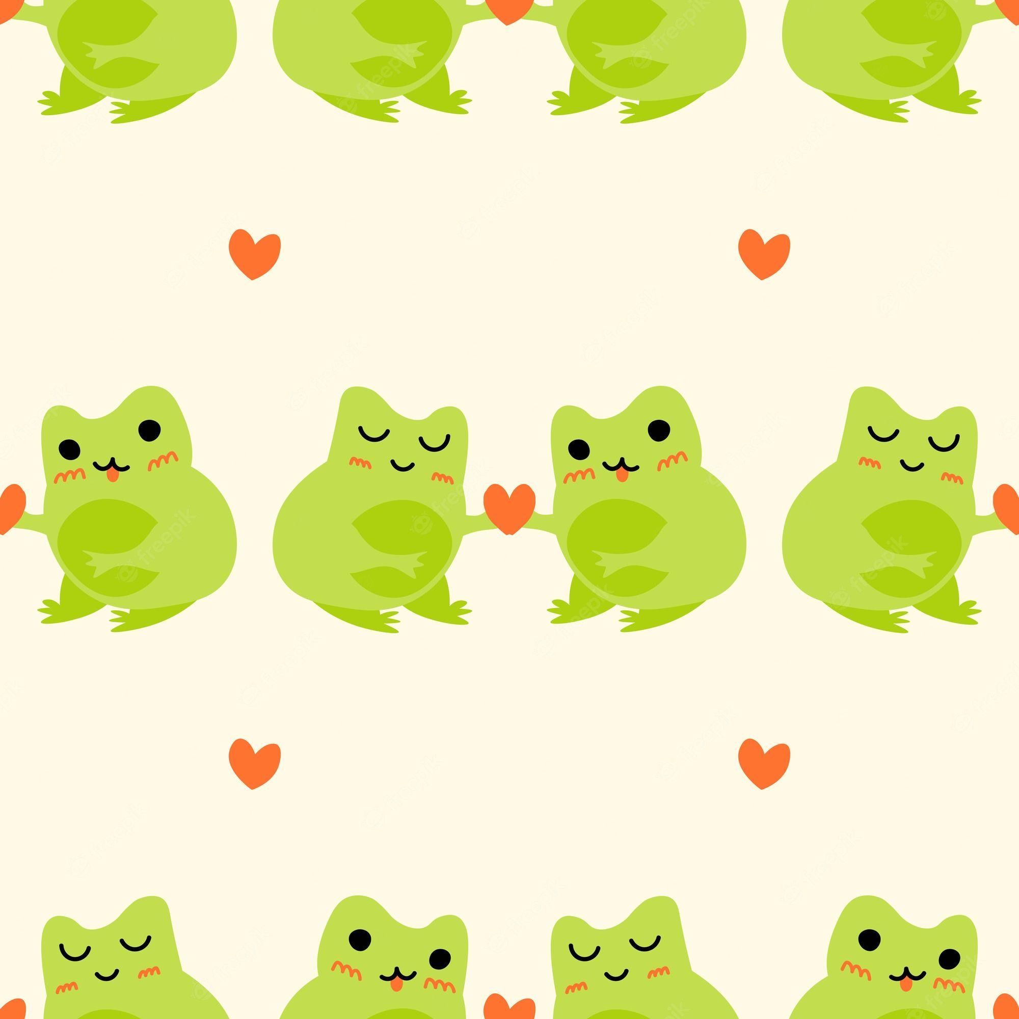 A pattern of green frogs holding orange hearts - Frog