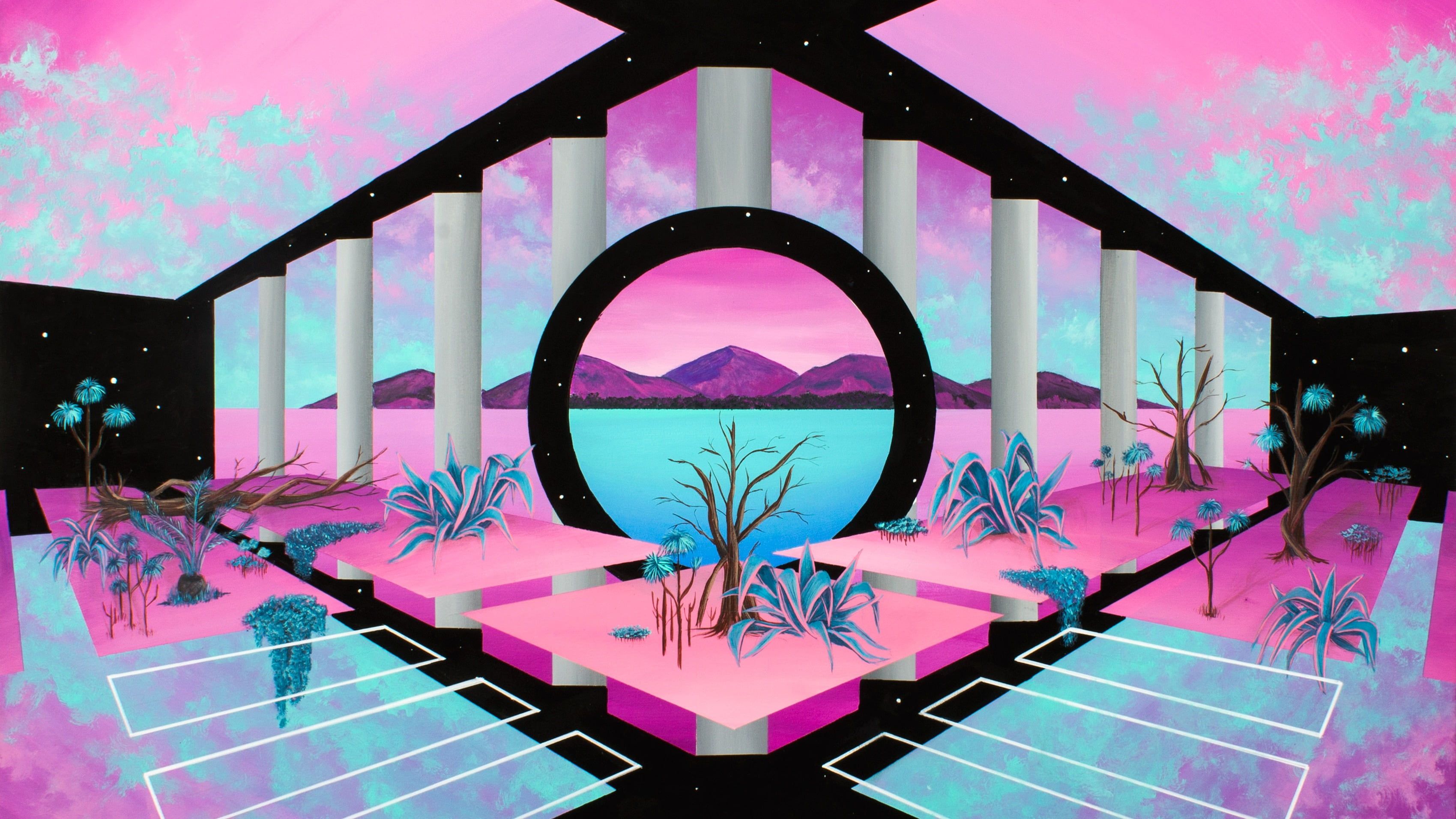 A pink and purple landscape with mountains in the background - Vaporwave