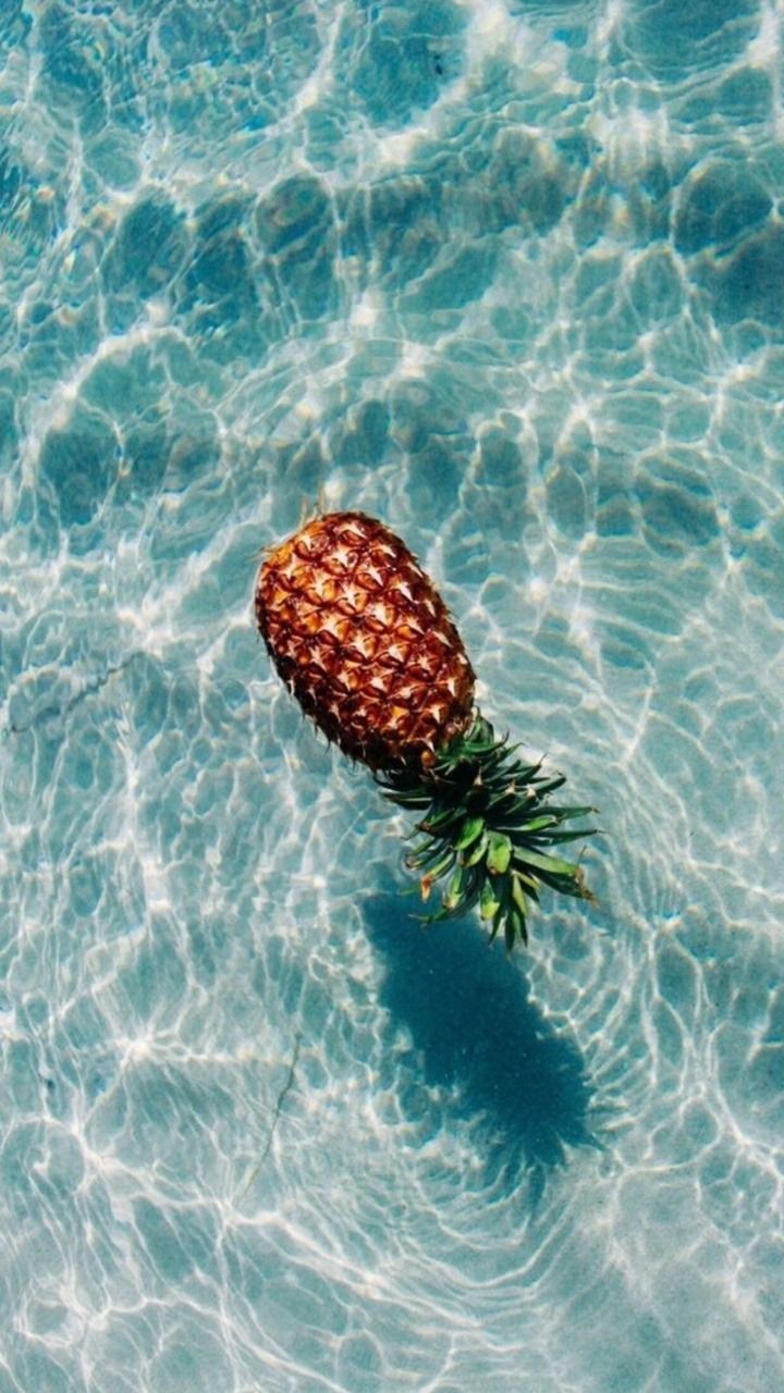 A pineapple floating in the water near some rocks - Summer