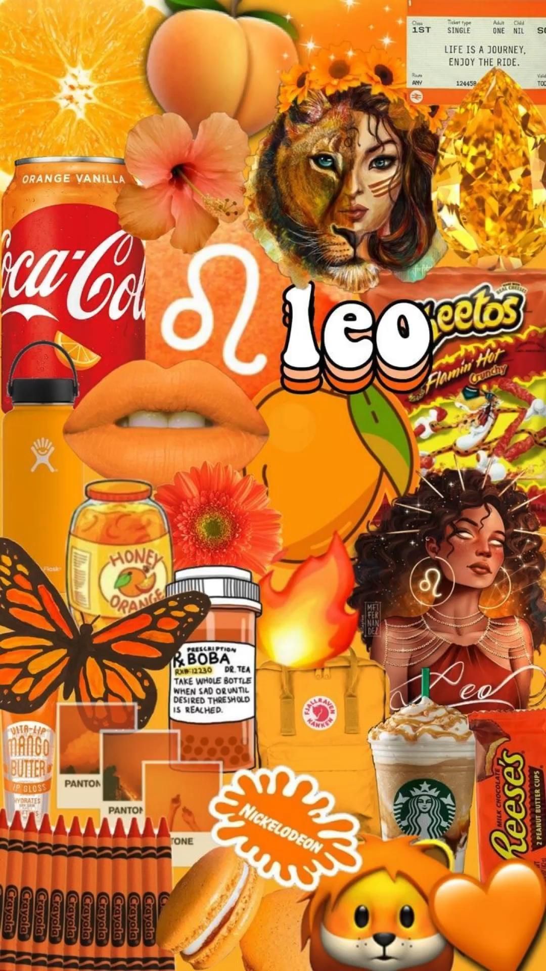 Collage of orange and yellow aesthetic images including a lion, butterfly, and Coca-Cola. - Leo