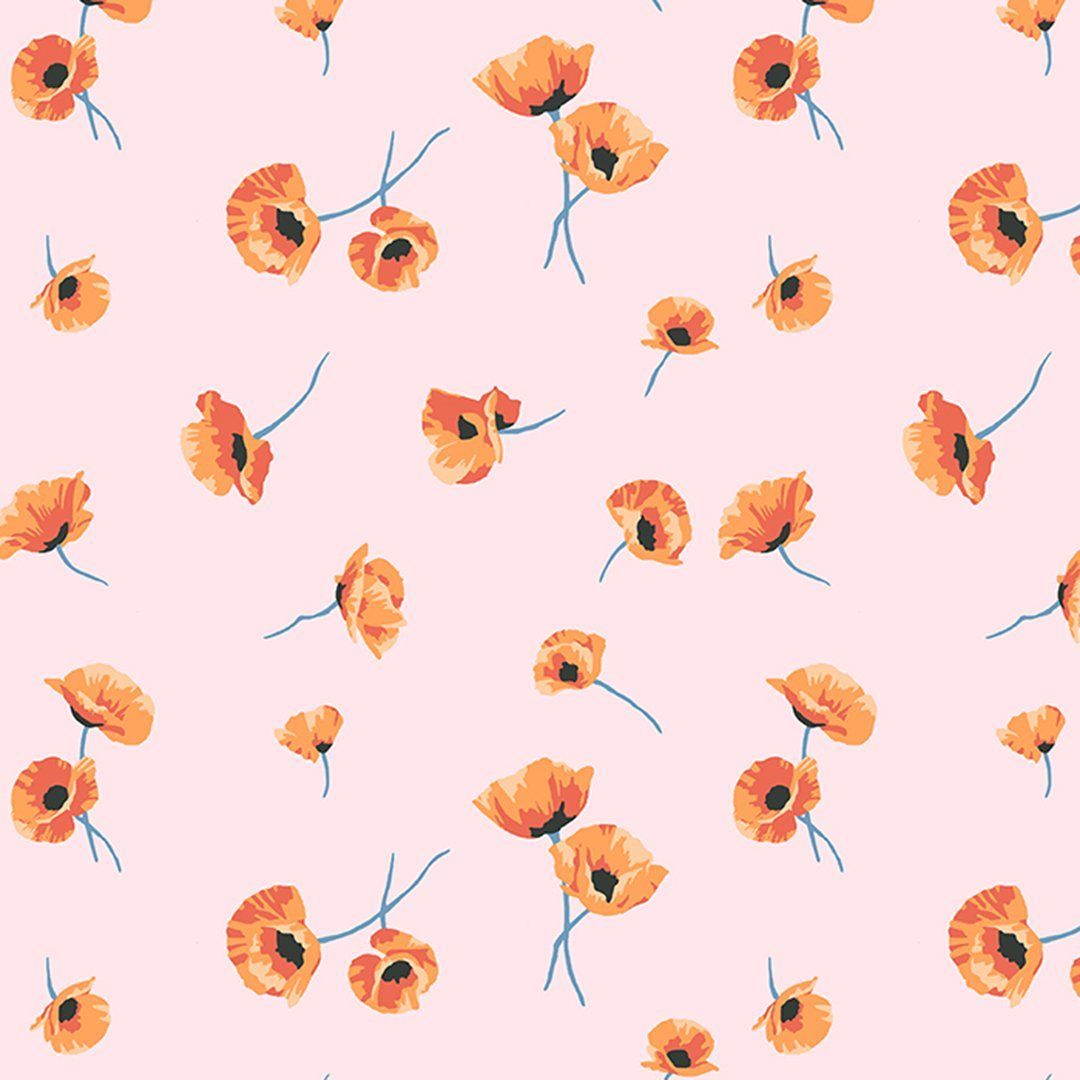 A pattern of small orange poppies on a pale pink background - Leo