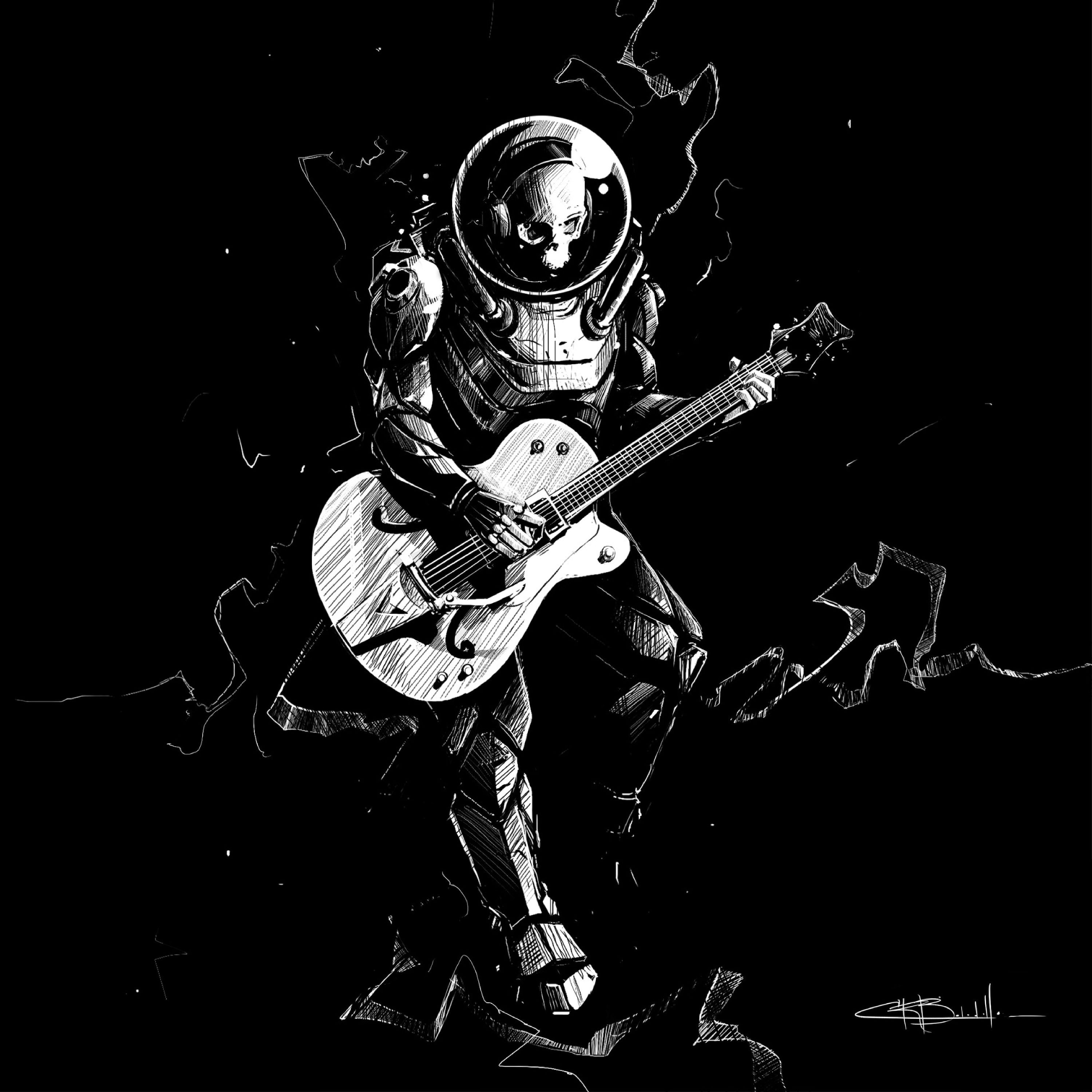 A black and white drawing of an astronaut playing guitar - Guitar, astronaut, skeleton