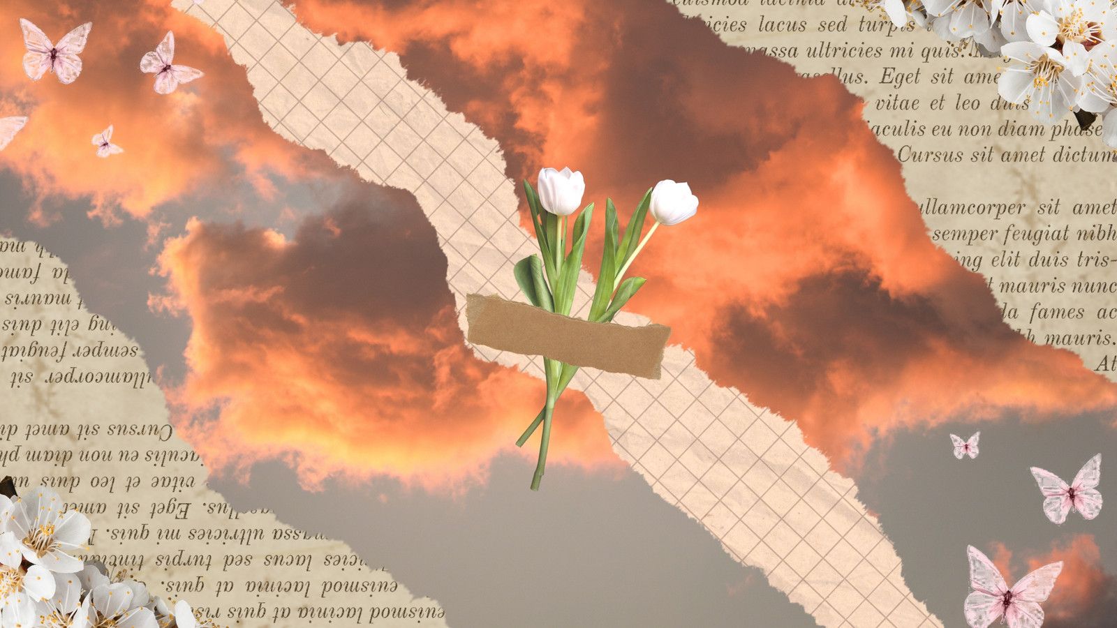 A collage of torn pages, flowers, and butterflies against a backdrop of a cloudy sky. - Leo