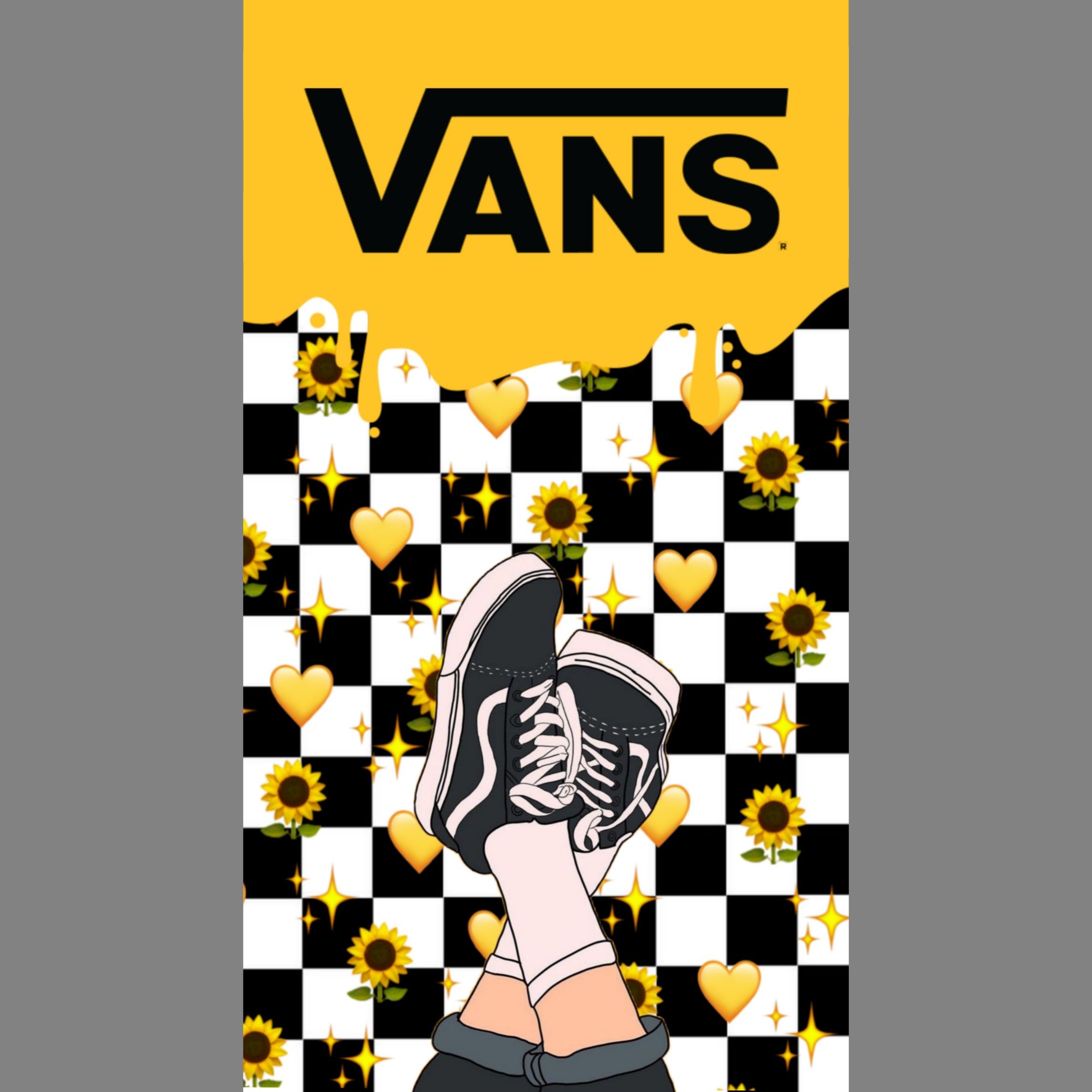 A yellow and black checkered background with vans shoes - Vans