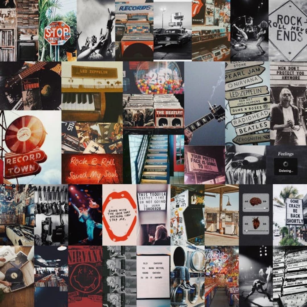 A collage of pictures of music, records, and signs. - Nirvana