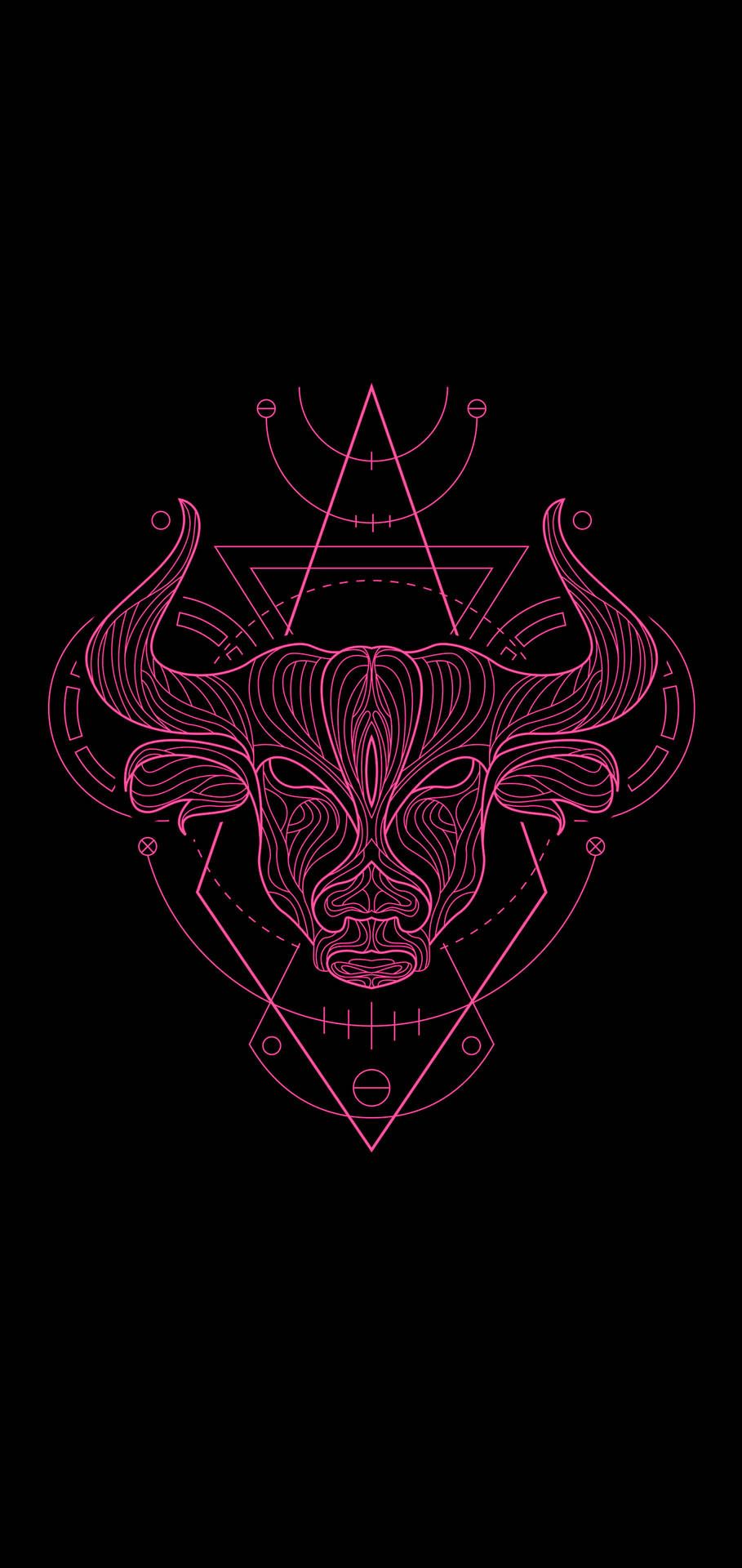 IPhone wallpaper of a bull in neon pink on a black background - Taurus