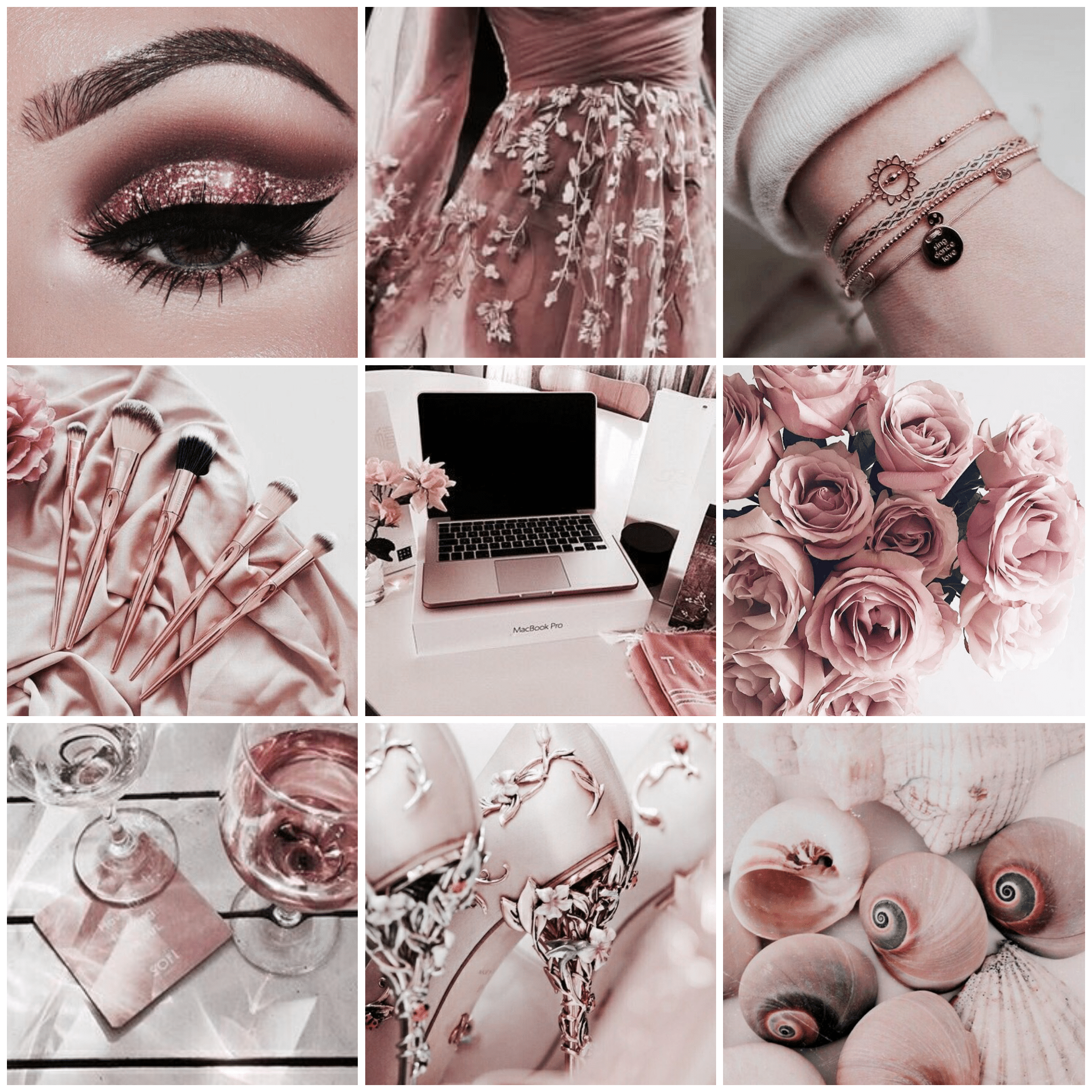 A collage of pictures with pink roses and makeup - Champagne