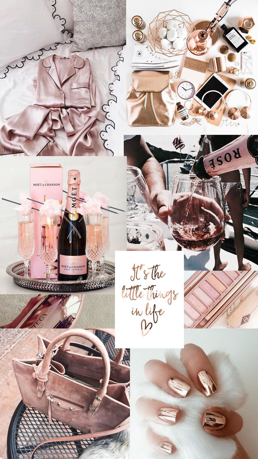 A collage of rose gold and pink items including a handbag, a bottle of moet, and a pink book. - Champagne